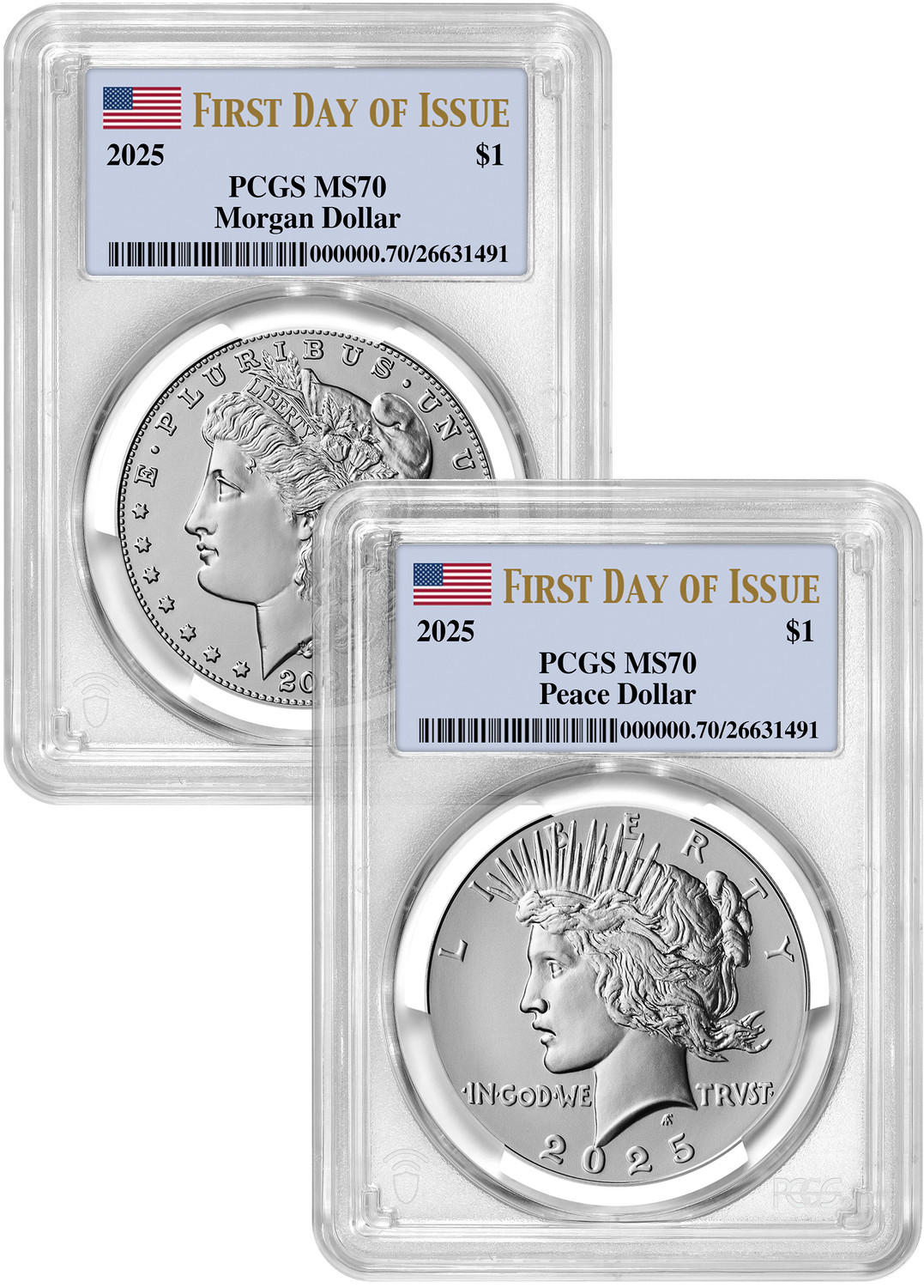 その他 Crown of Providence CF 2025 Morgan and Peace Silver Dollar 2pc Set FDI PCGS MS70