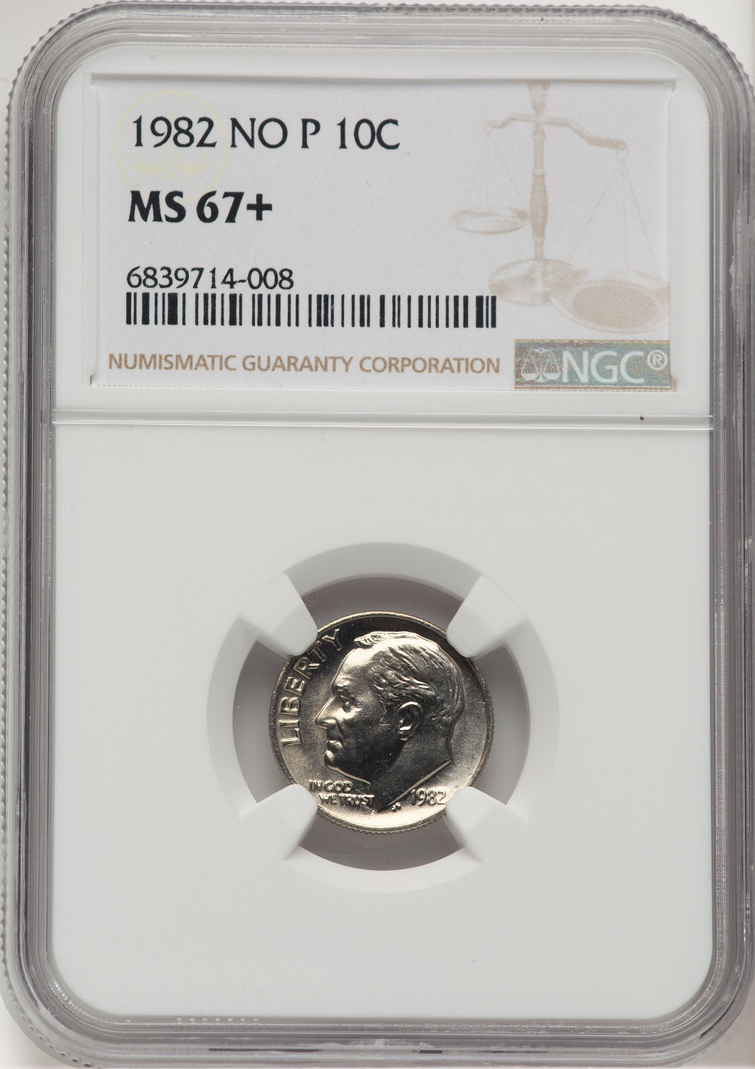 1982 10C NO P Roosevelt Dime NGC MS67+