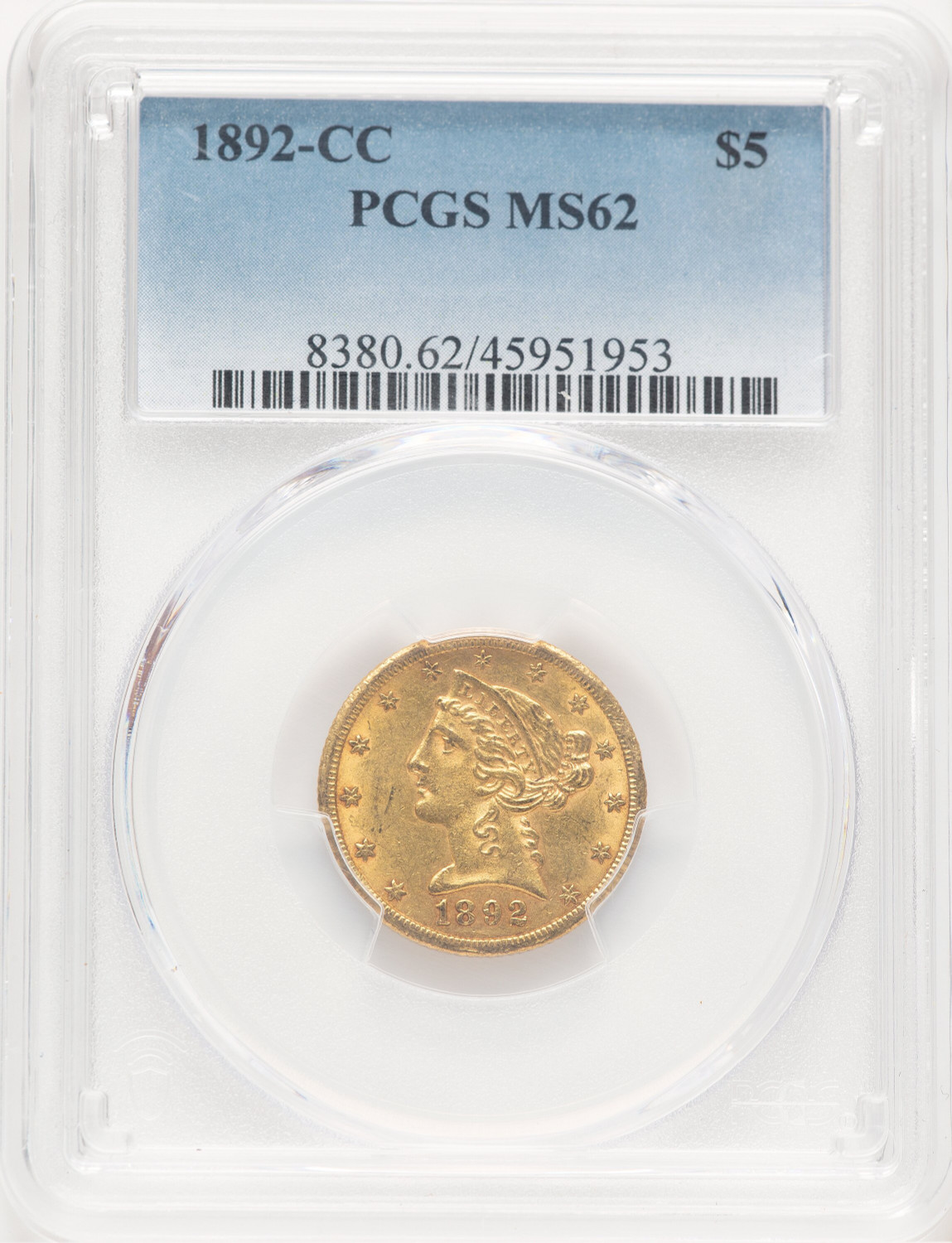 1892-CC $5 Liberty Half Eagle PCGS MS62 (779159001)