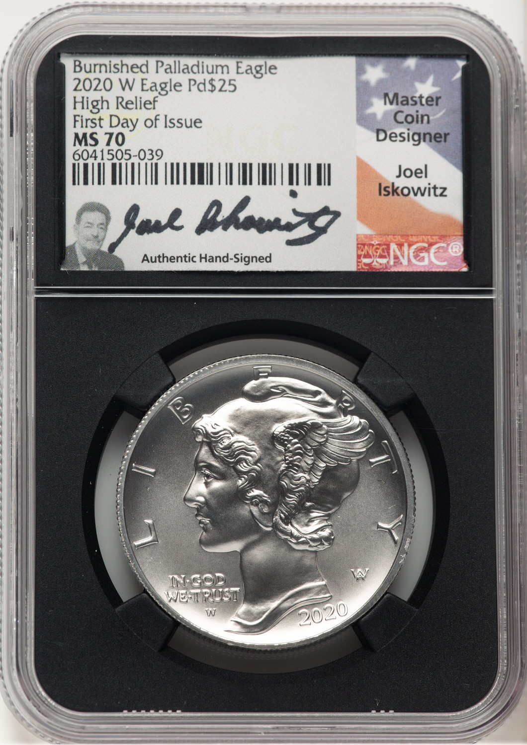 2020-W Palladium Eagle 1 oz Burnished FDI Joel Iskowitz NGC MS70