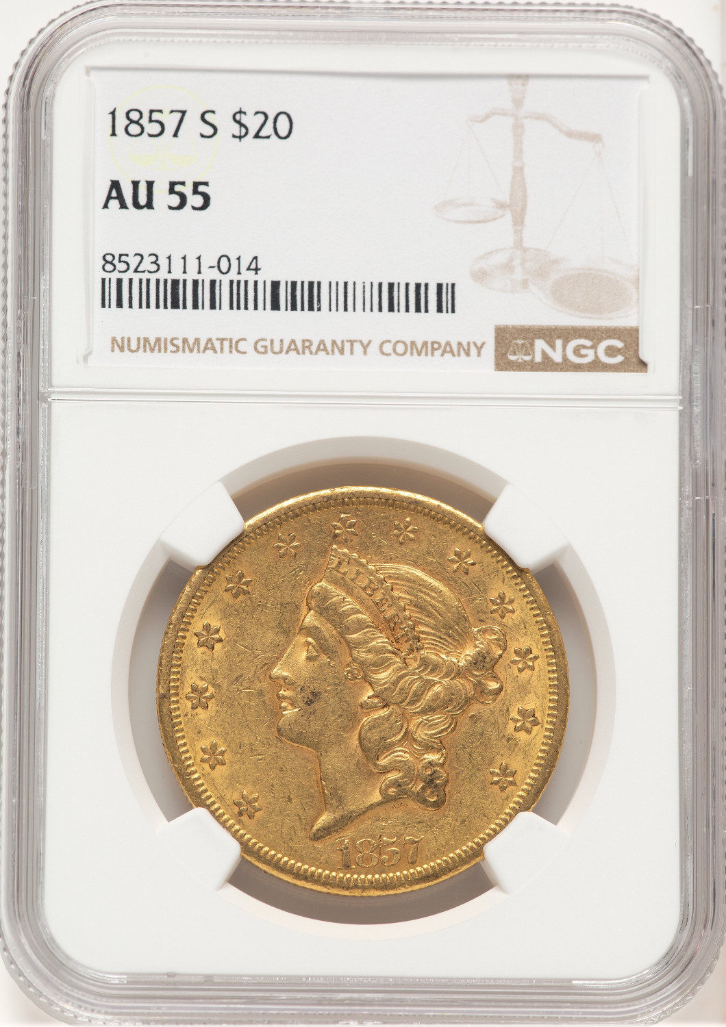 1857-S $20 Liberty Double Eagle NGC AU55 (177358002)