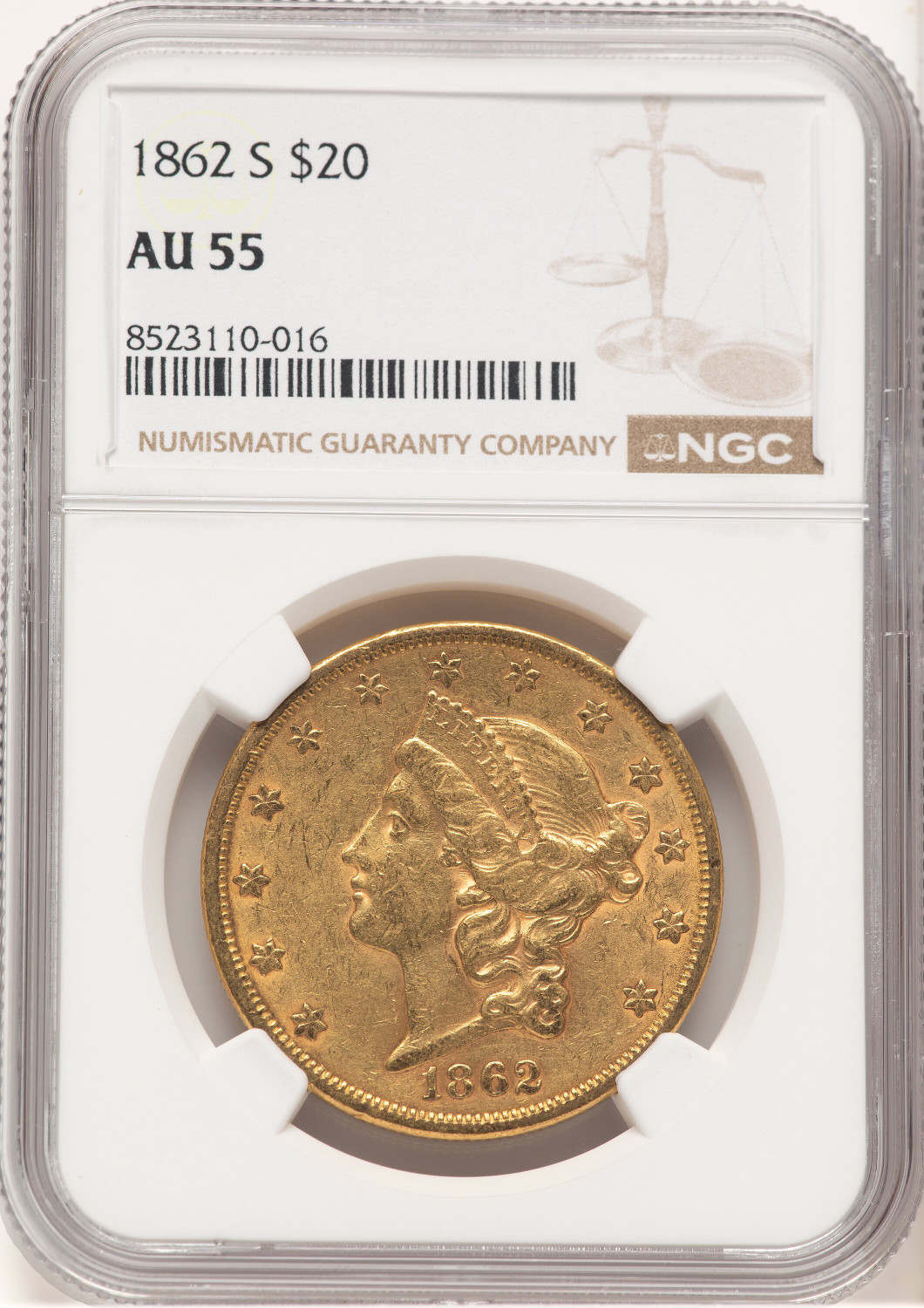 1862-S $20 Liberty Double Eagle NGC AU55 (177372003)