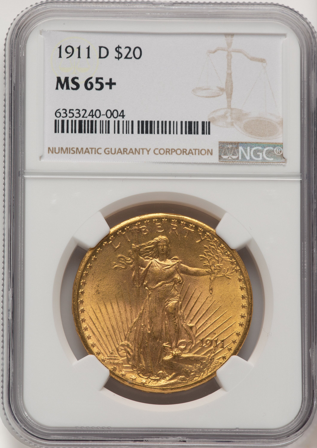 1911-D $20 Brown Label Saint-Gaudens Double Eagle NGC MS65+