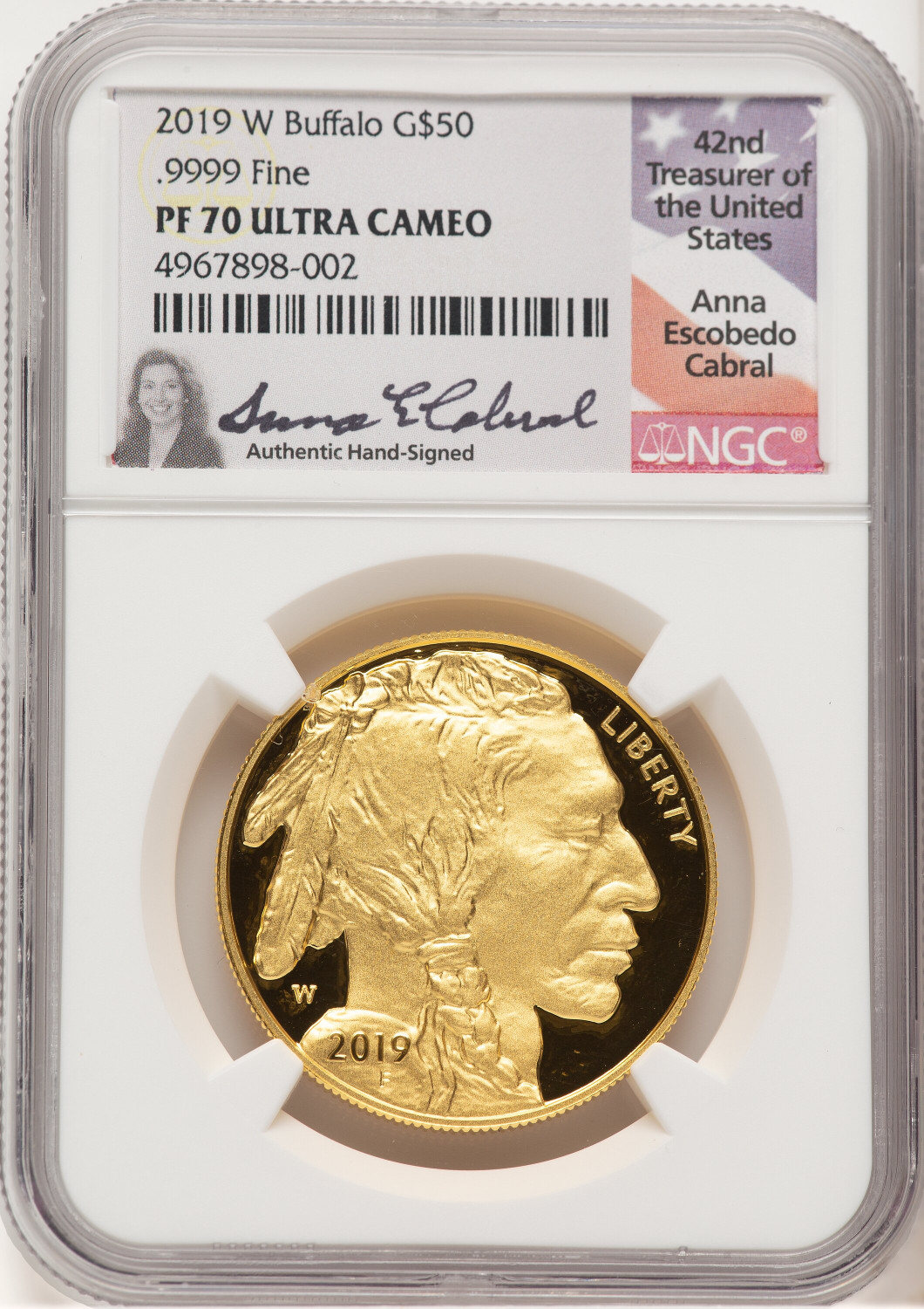 2019-W $50 One-Ounce American Buffalo .9999 Fine Gold Anna Cabral NGC PF70