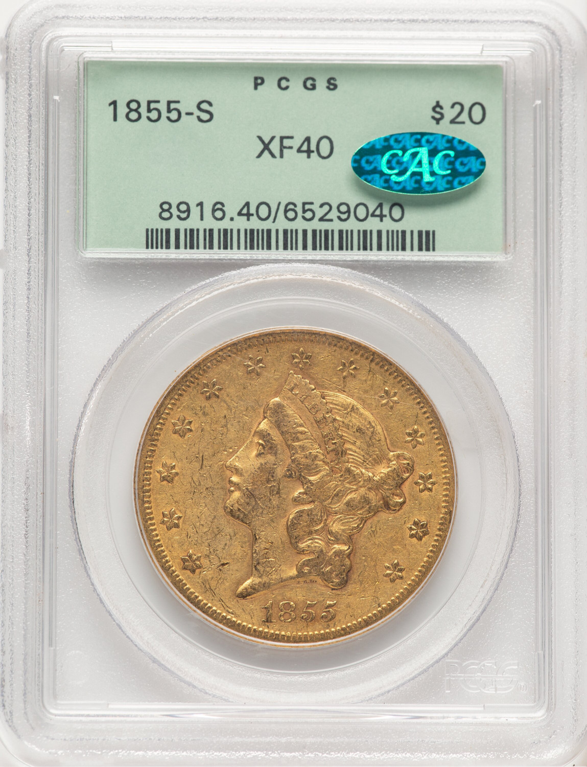 1855-S $20 CAC Liberty Double Eagle PCGS XF40