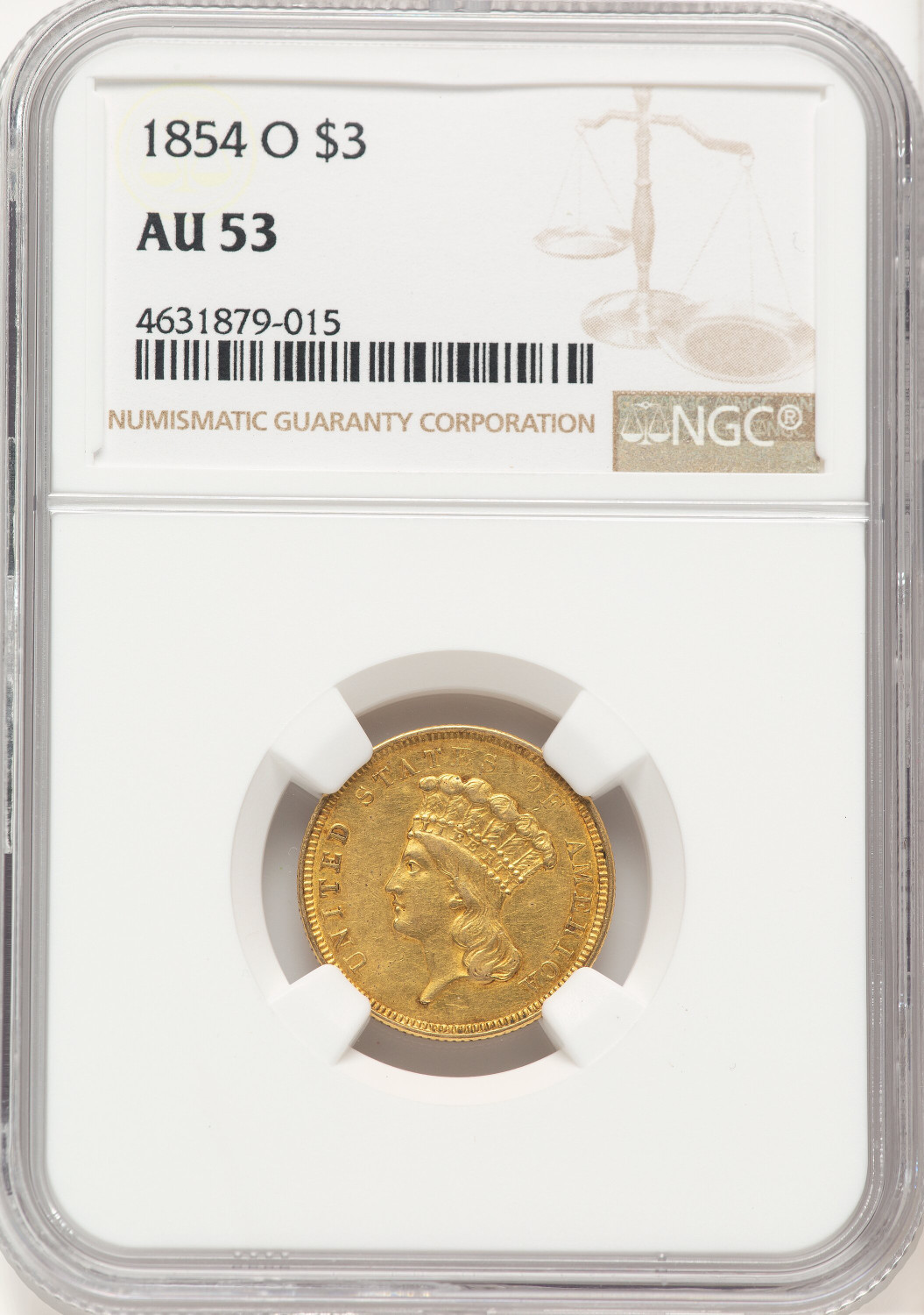1854-O $3 Three Dollar Gold Pieces NGC AU53 (779669002)