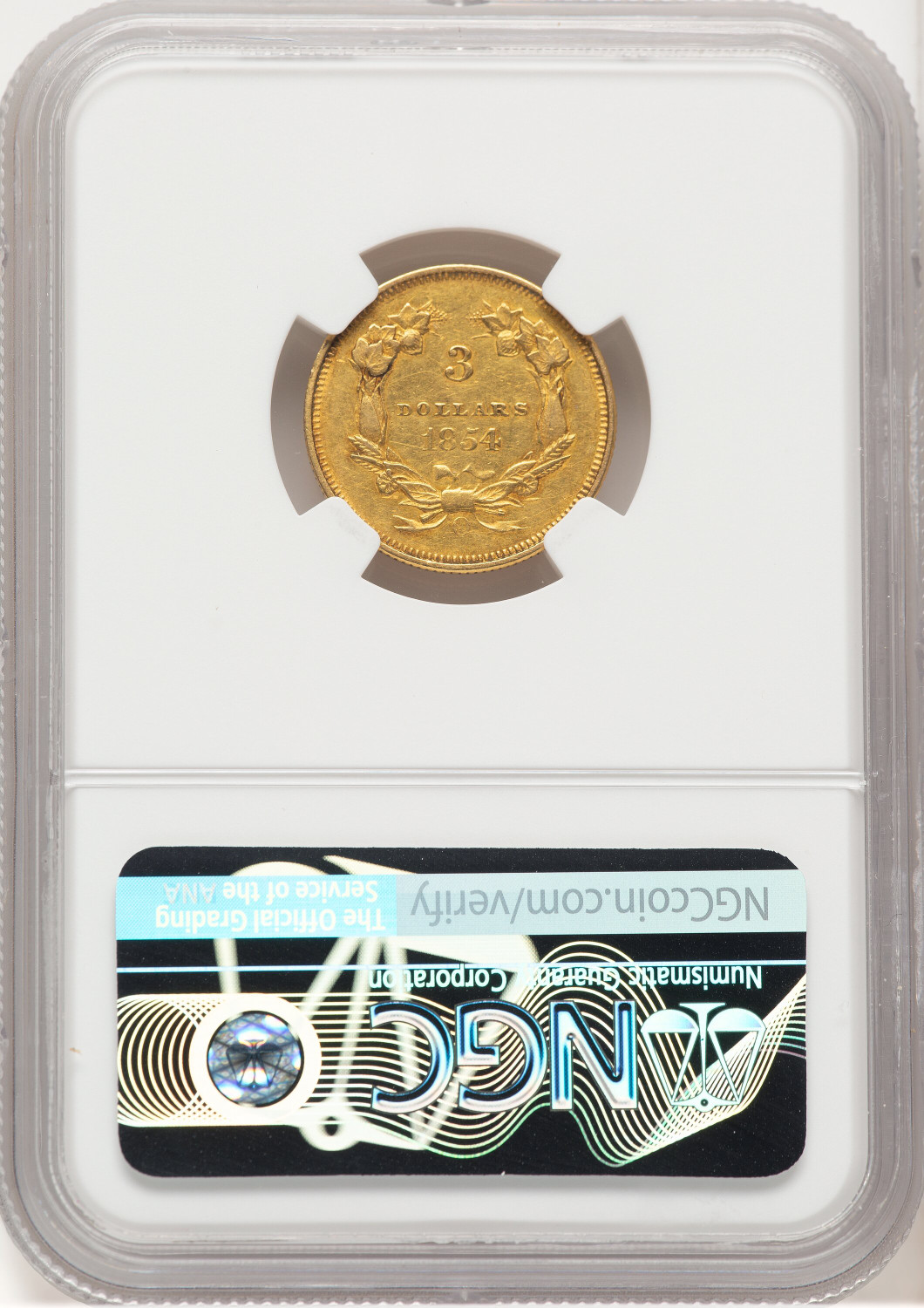 1854-O $3 Three Dollar Gold Pieces NGC AU53 (779669002). Second image.