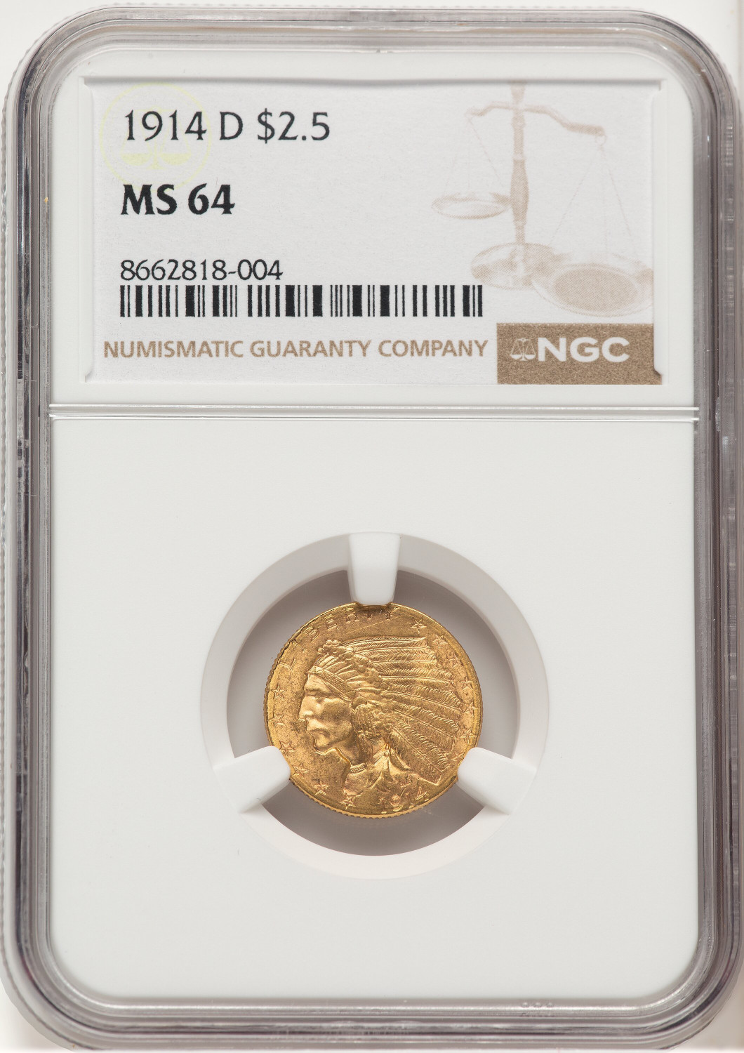 1914-D $2.50 Indian Quarter Eagle NGC MS64 (776679007)