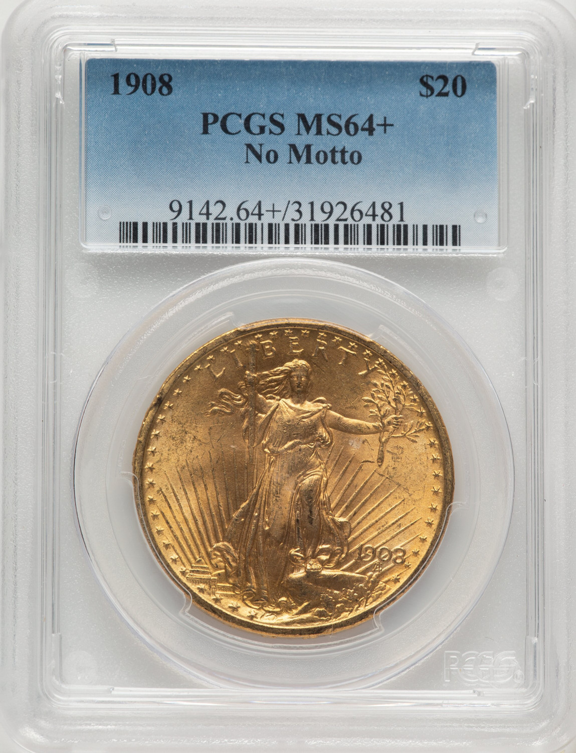 1908 $20 NO MOTTO Saint-Gaudens Double Eagle PCGS MS64+