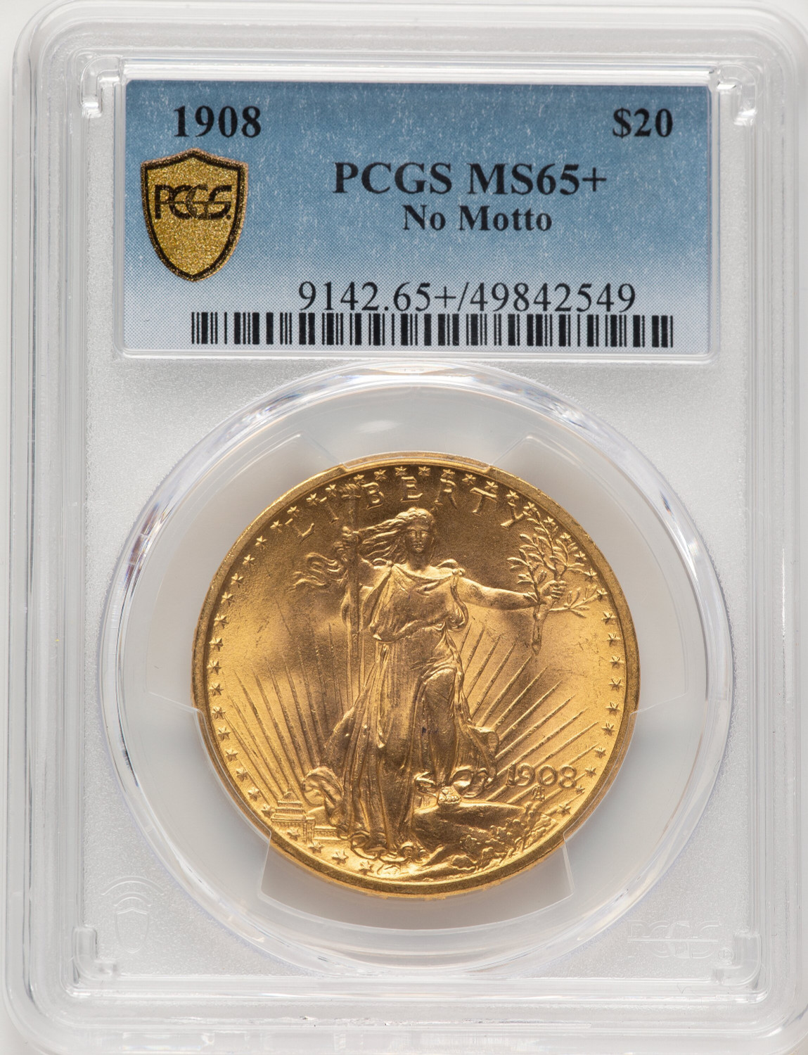 1908 $20 NO MOTTO Saint-Gaudens Double Eagle PCGS MS65+ (775856022)
