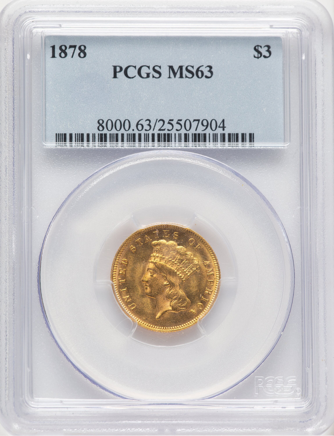 1878 $3 Three Dollar Gold Pieces PCGS MS63 (778240001)