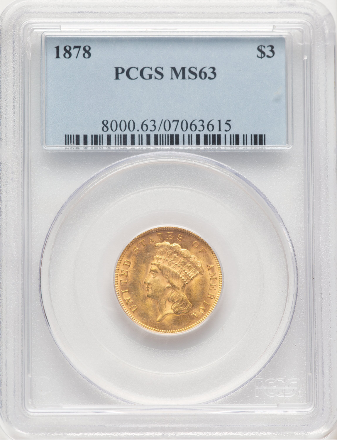 1878 $3 Three Dollar Gold Pieces PCGS MS63 (778240002)