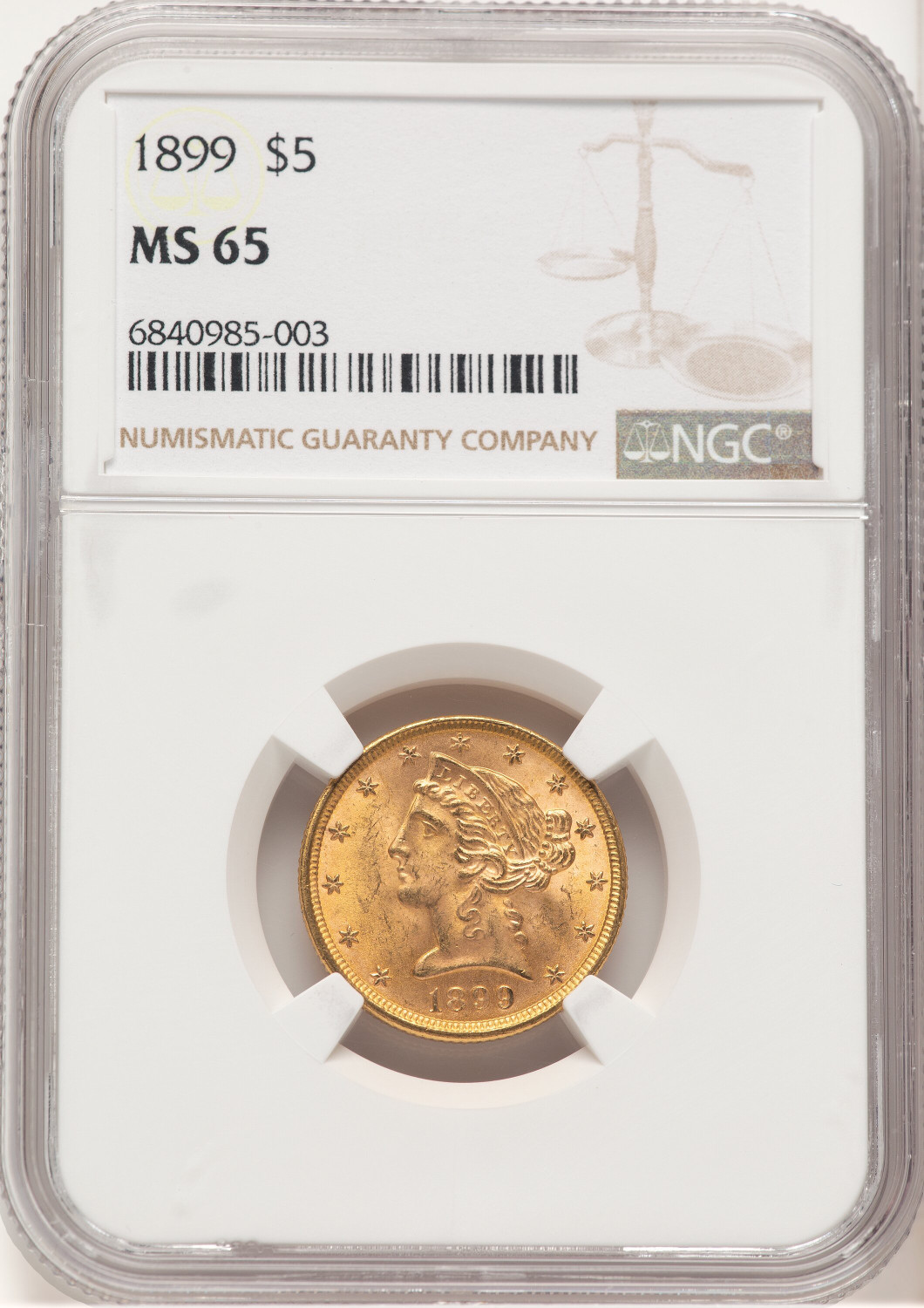 1899 $5 Liberty Half Eagle NGC MS65 (779570004)