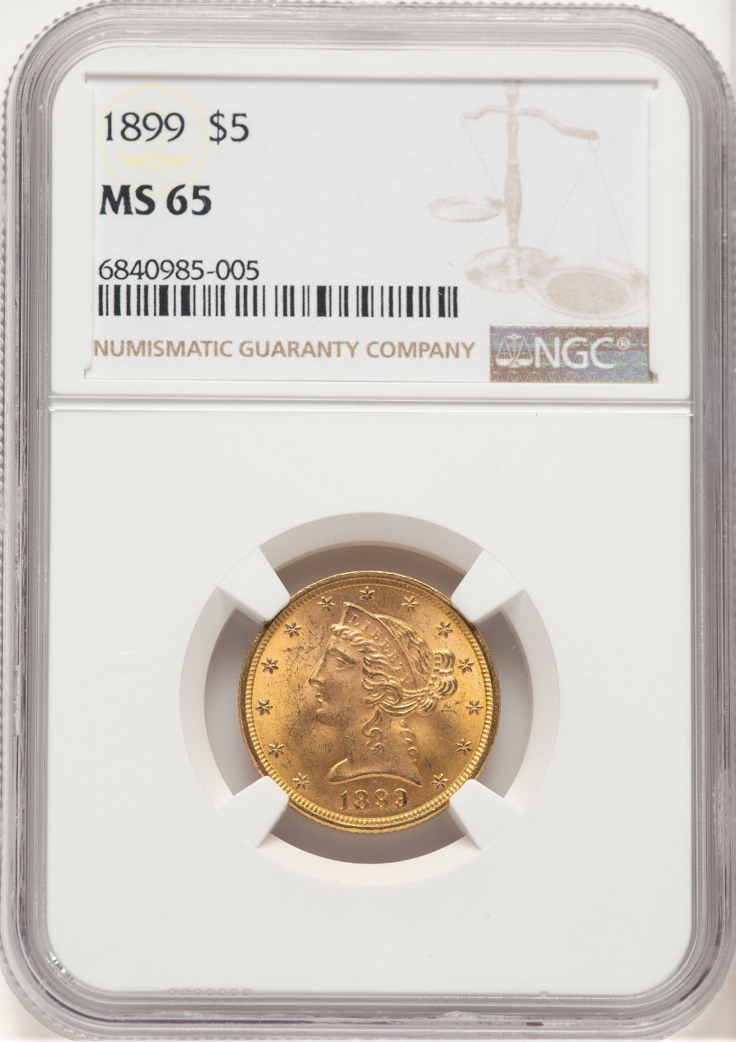 1899 $5 Liberty Half Eagle NGC MS65 (779570006)