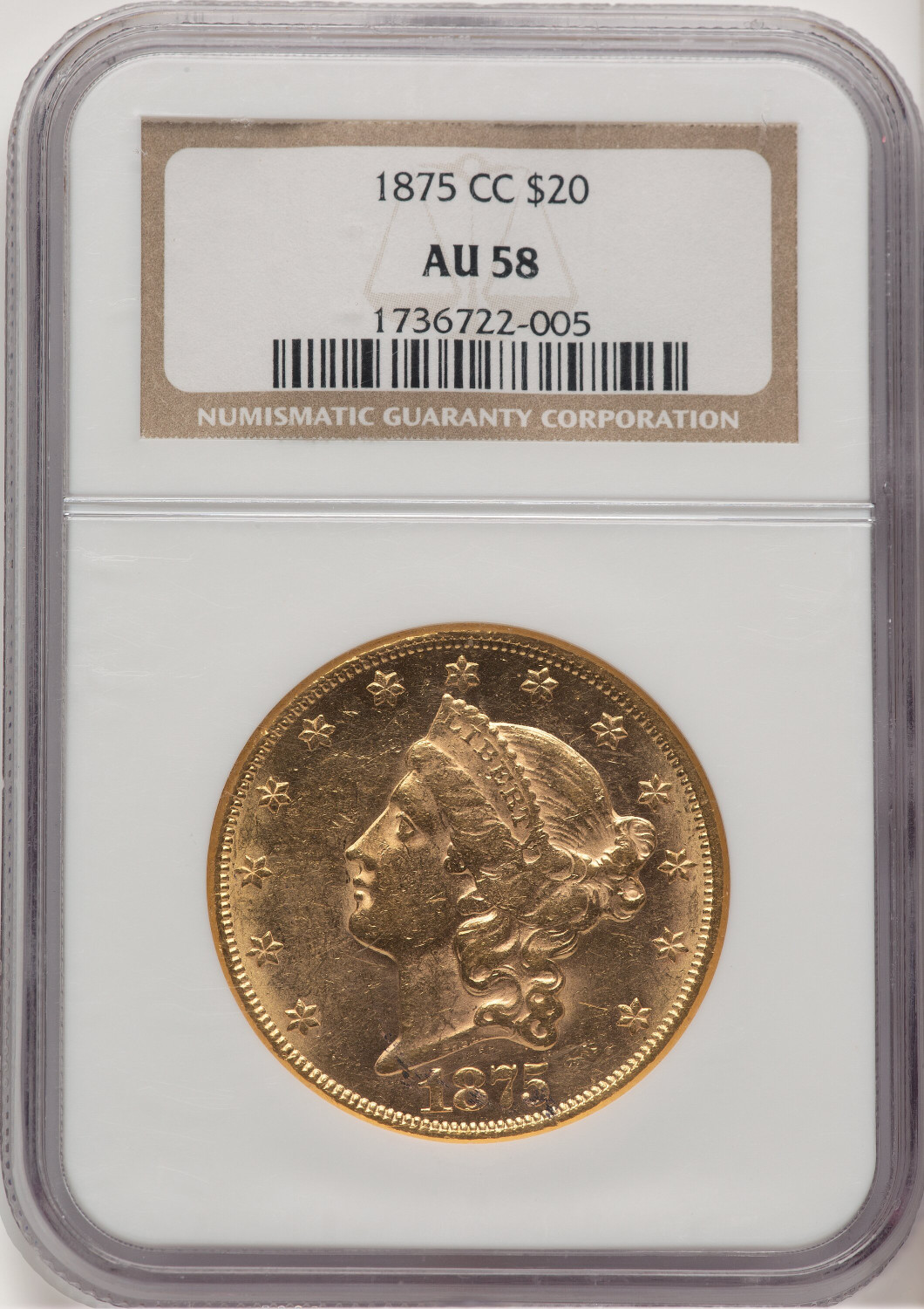 1875-CC $20 Liberty Double Eagle NGC AU58 (778256051)
