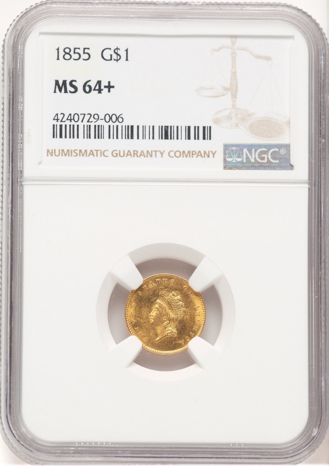 1855 G$1 Type Two Gold Dollar NGC MS64+