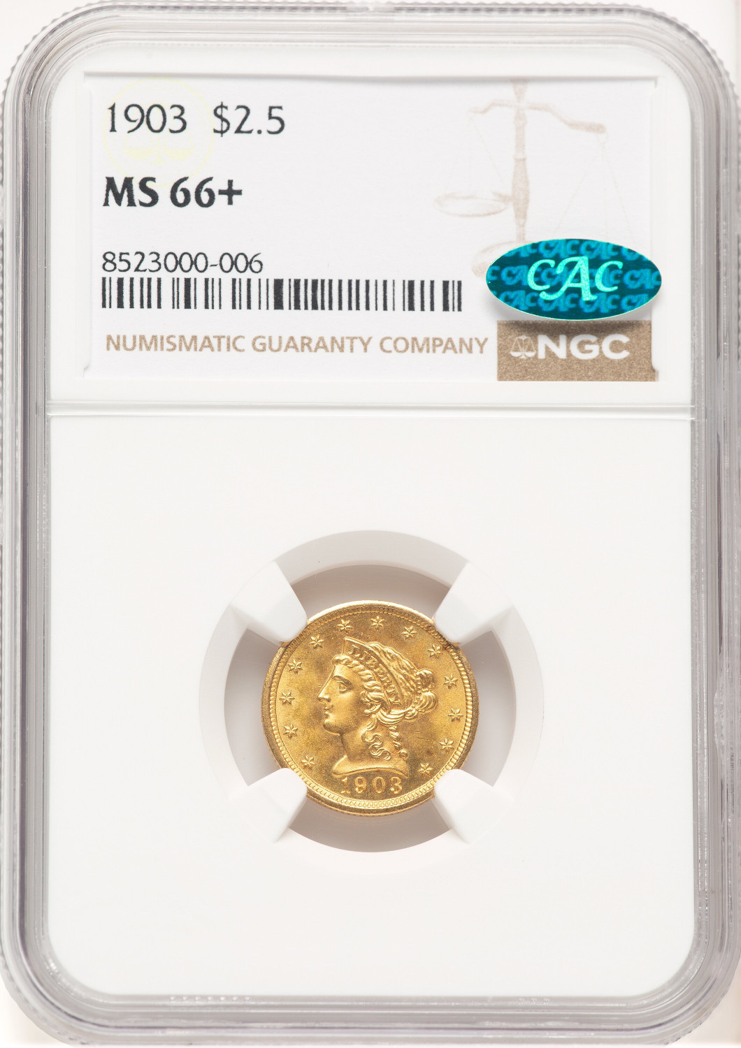 1903 $2.50 CAC Liberty Quarter Eagle NGC MS66+