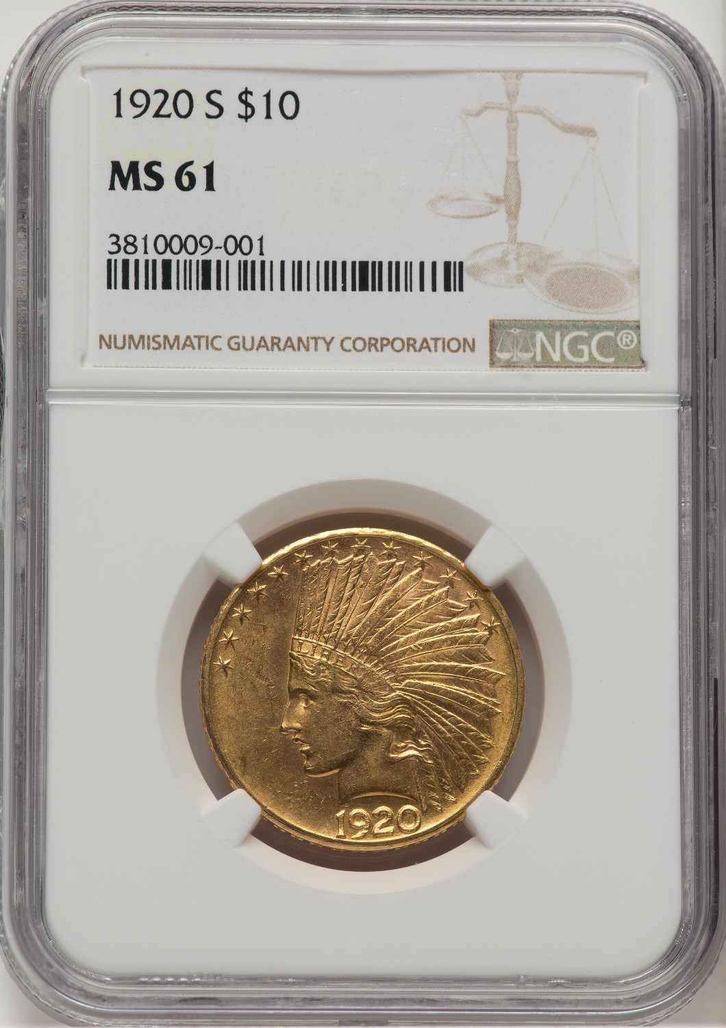 1920-S $10 Indian Eagle NGC MS61