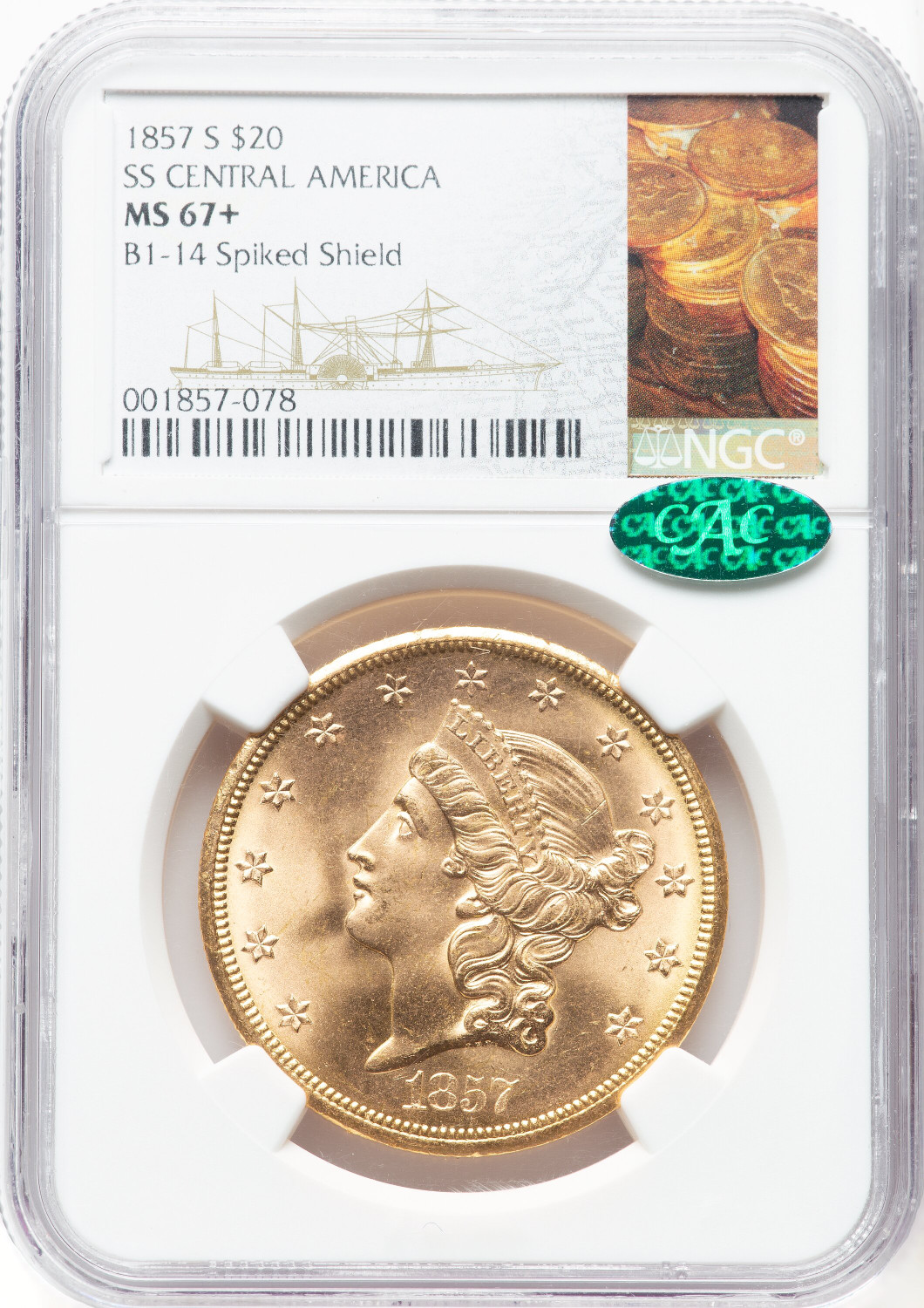 1857-S $20 Spike Shld CAC Liberty Double Eagle NGC MS67+