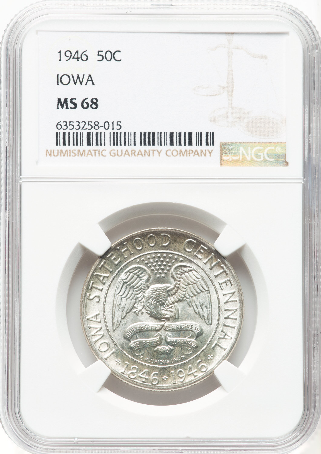 1946 50C Iowa Commemorative Silver NGC MS68