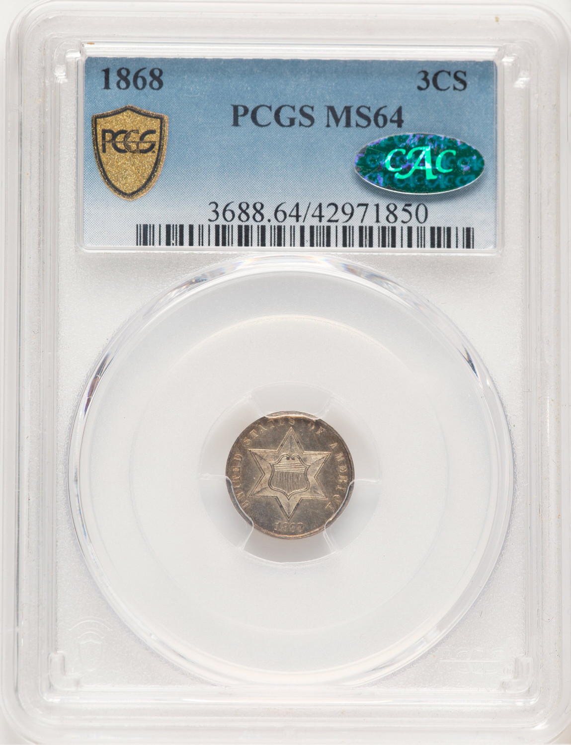 1868 3CS CAC Blue Gradient Three Cent Silver PCGS MS64