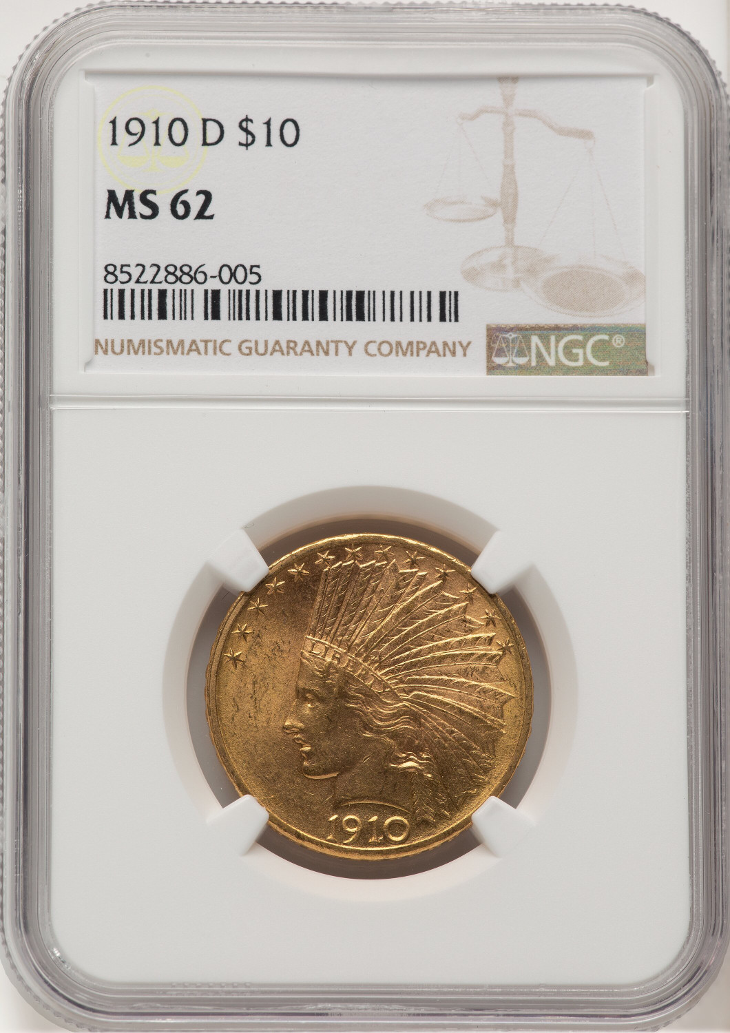 1910-D $10 Indian Eagle NGC MS62 (777411017)