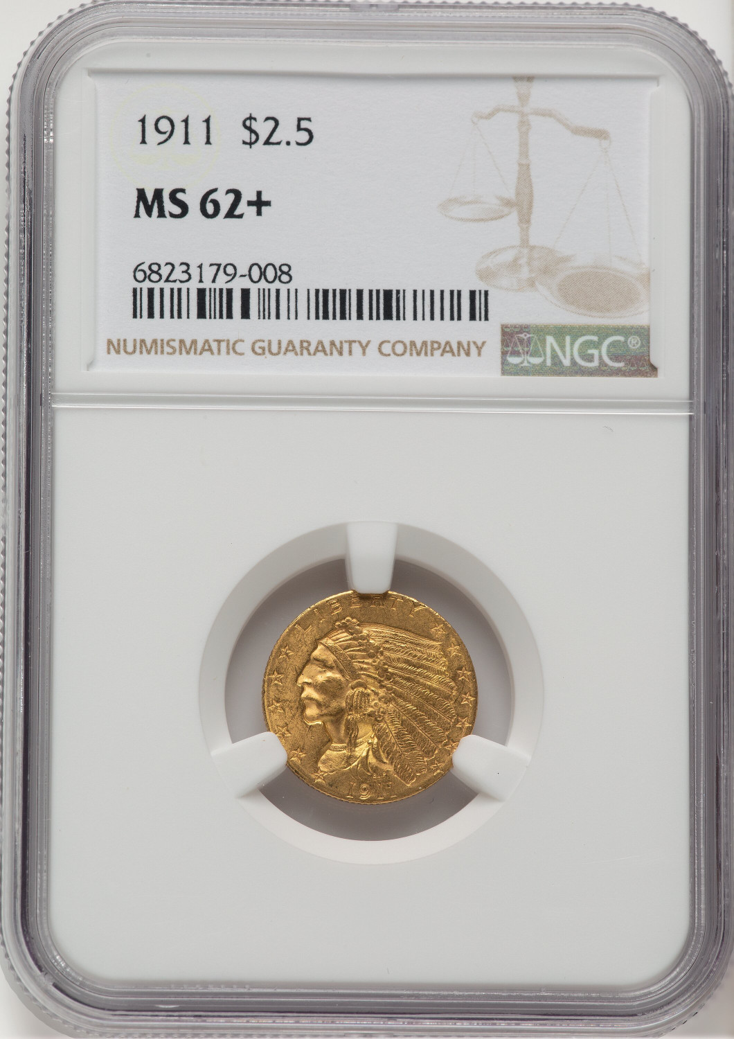 1911 $2.50 Indian Quarter Eagle NGC MS62+