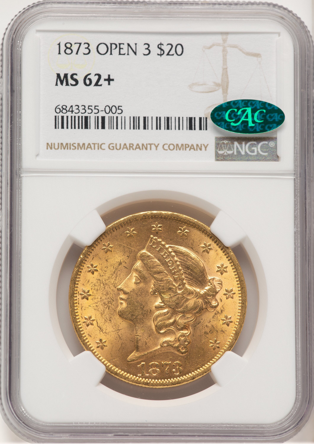 1873 $20 OPEN 3 CAC Liberty Double Eagle NGC MS62+ (778964003)