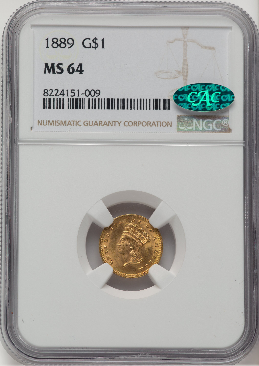 1889 G$1 CAC Gold Dollar NGC MS64