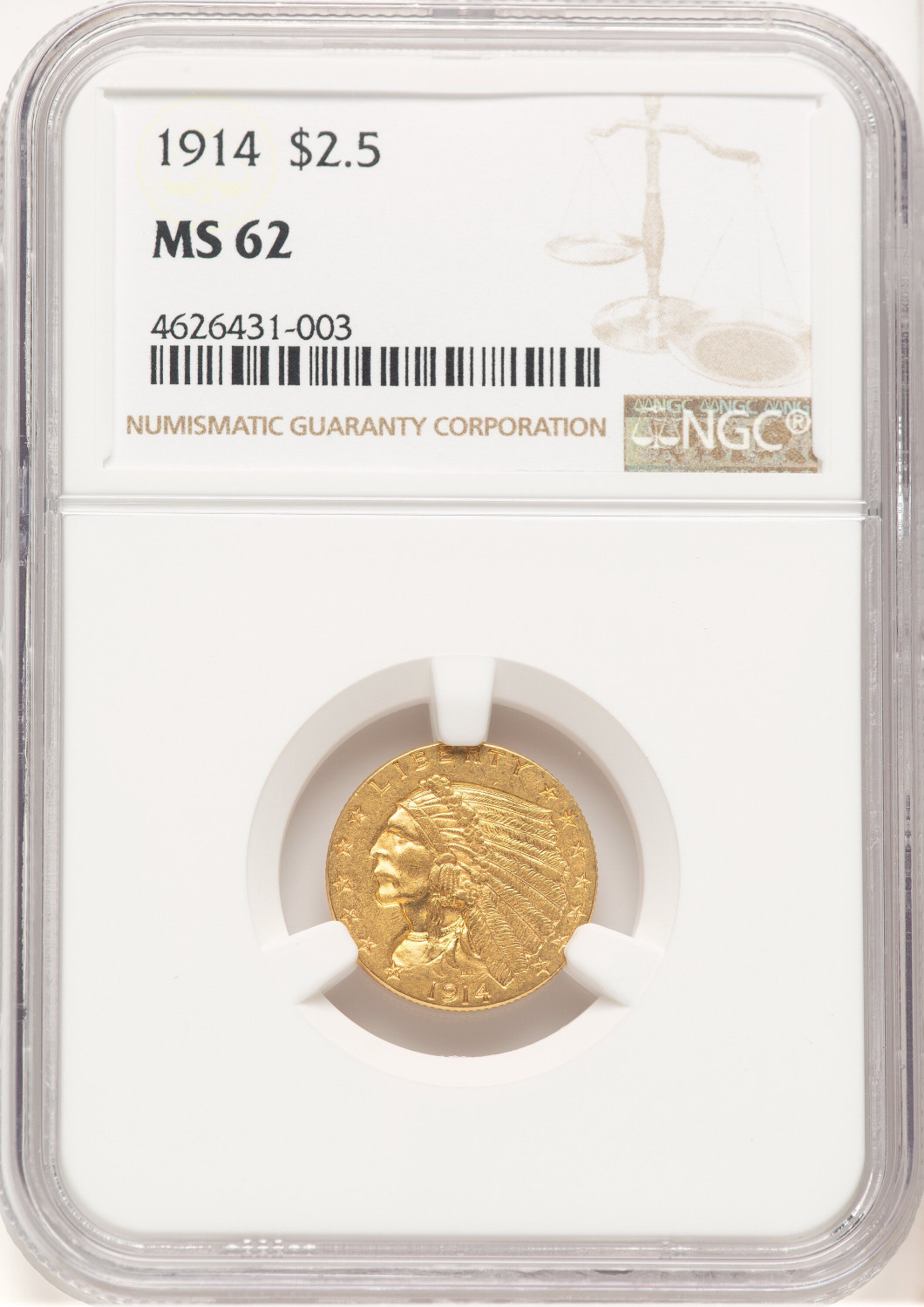 1914 $2.50 Indian Quarter Eagle NGC MS62 (779345001)