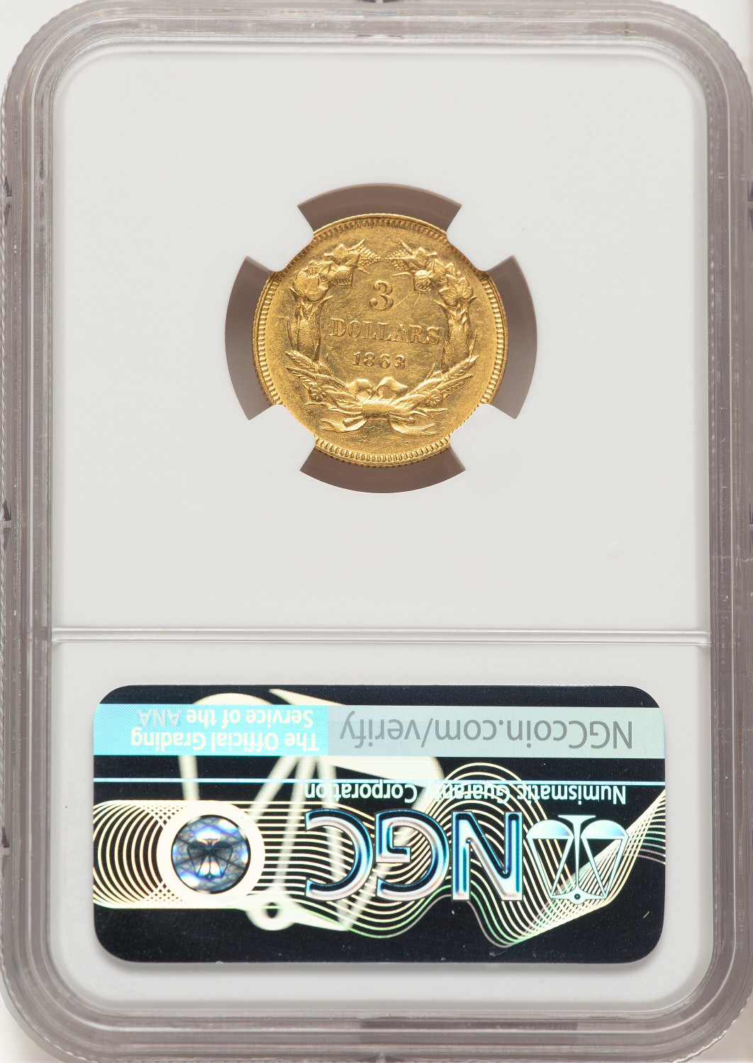 1863 $3 Three Dollar Gold Pieces NGC AU58 (780016001). Second Image