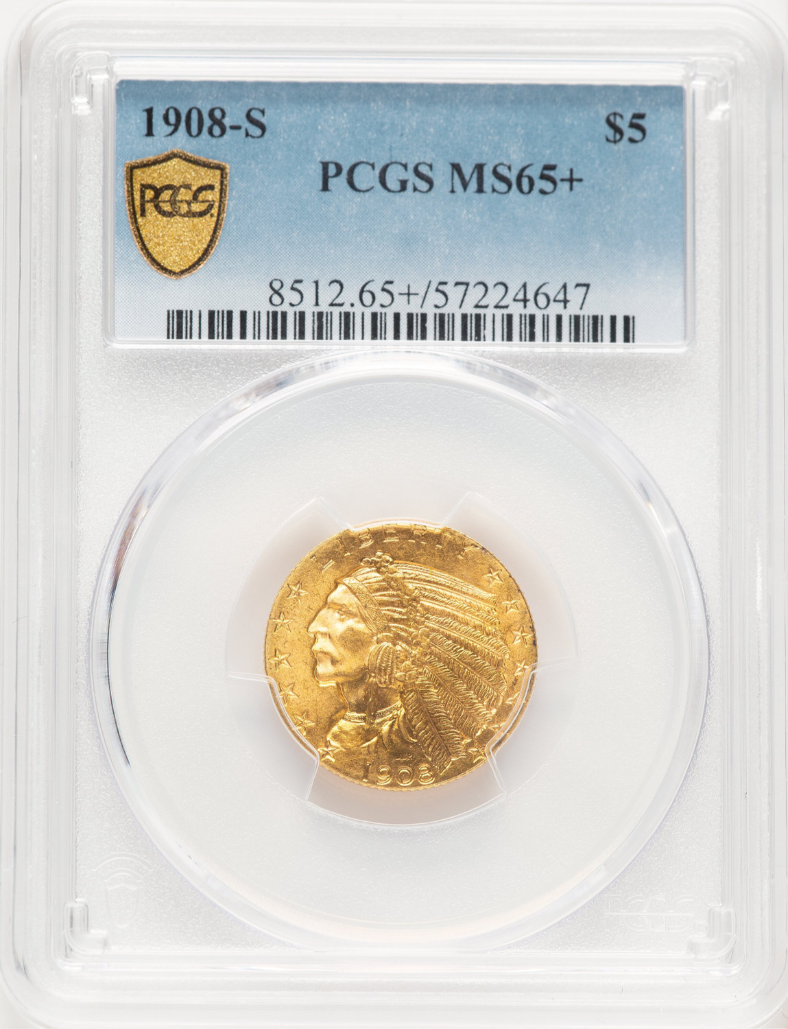 1908-S $5 Indian Half Eagle PCGS MS65+