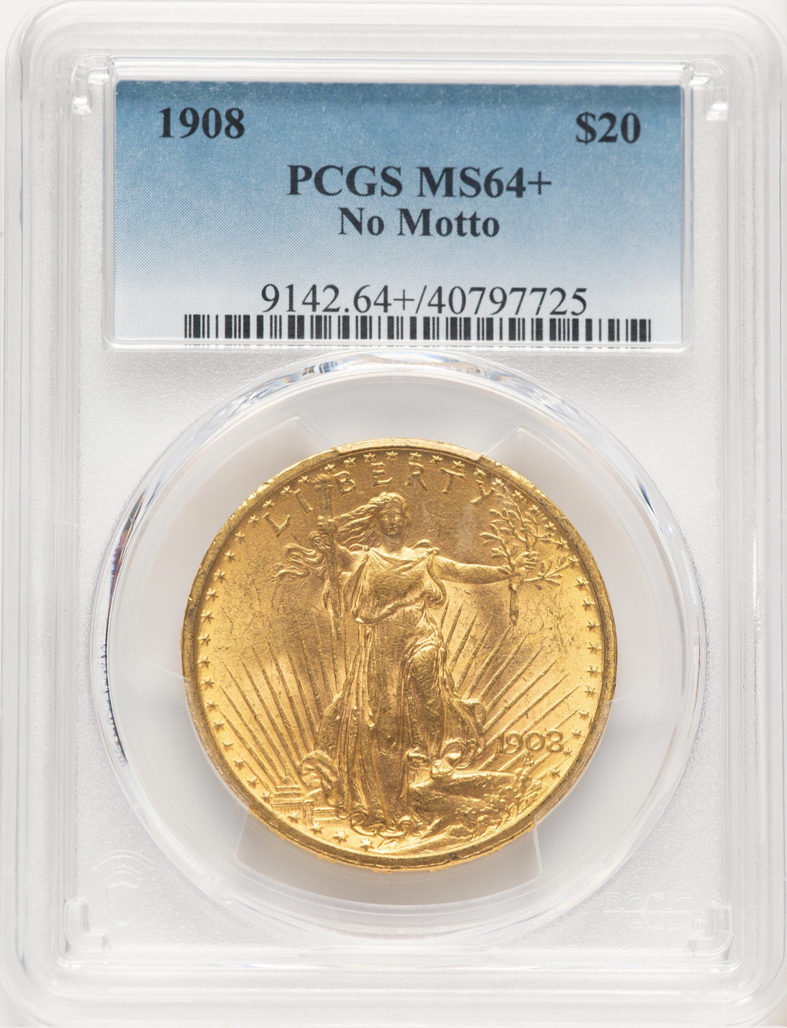 1908 $20 NO MOTTO Saint-Gaudens Double Eagle PCGS MS64+ (521389050)