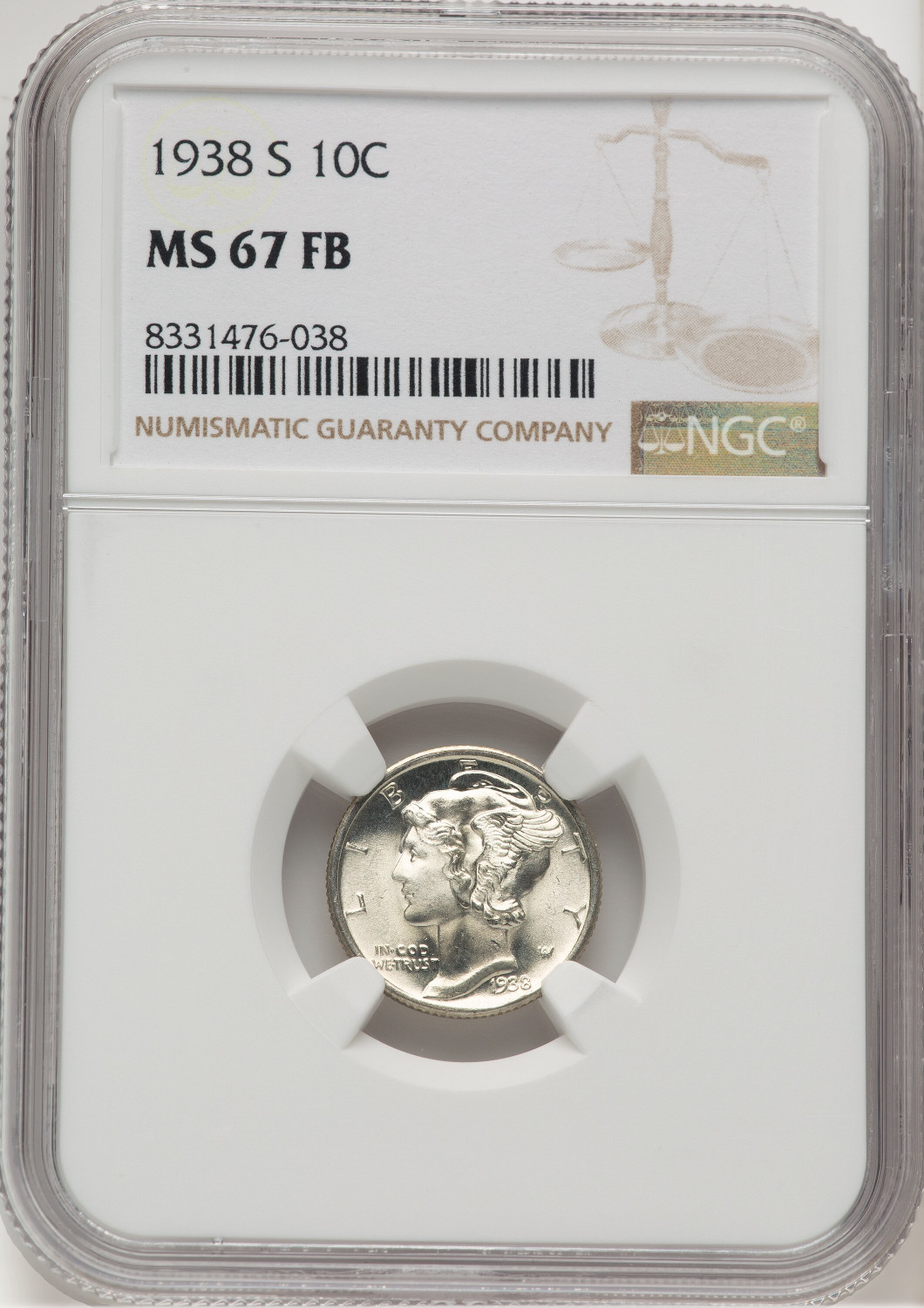 1938-S 10C FB Mercury Dime NGC MS67