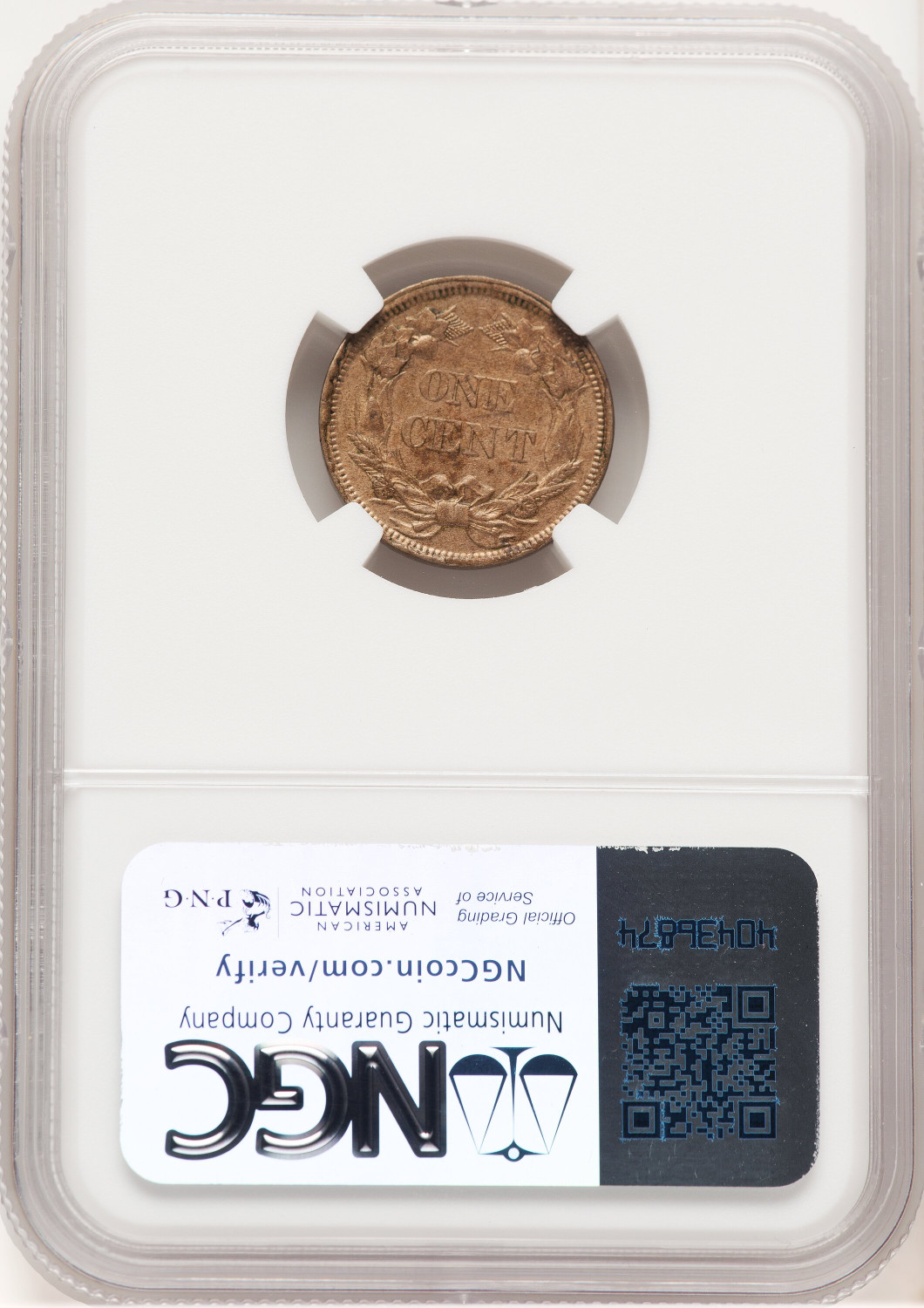1858 1C SM LETTERS Flying Eagle Cent NGC AU58. Second image.
