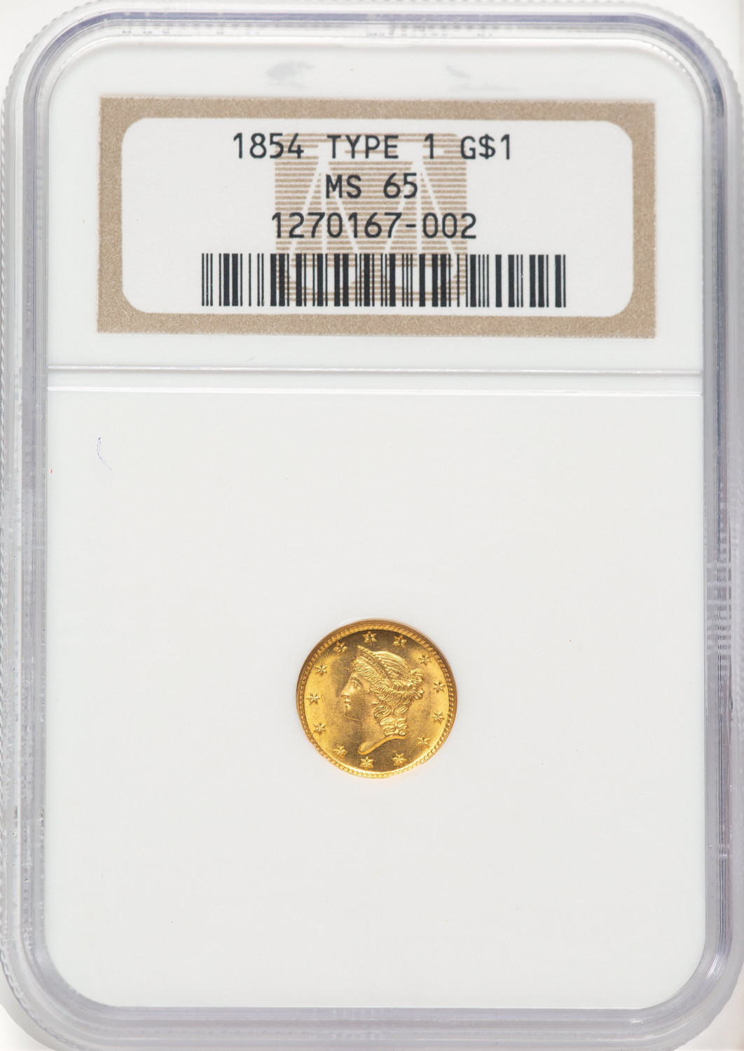 1854 G$1 T-1 Gold Dollar NGC MS65
