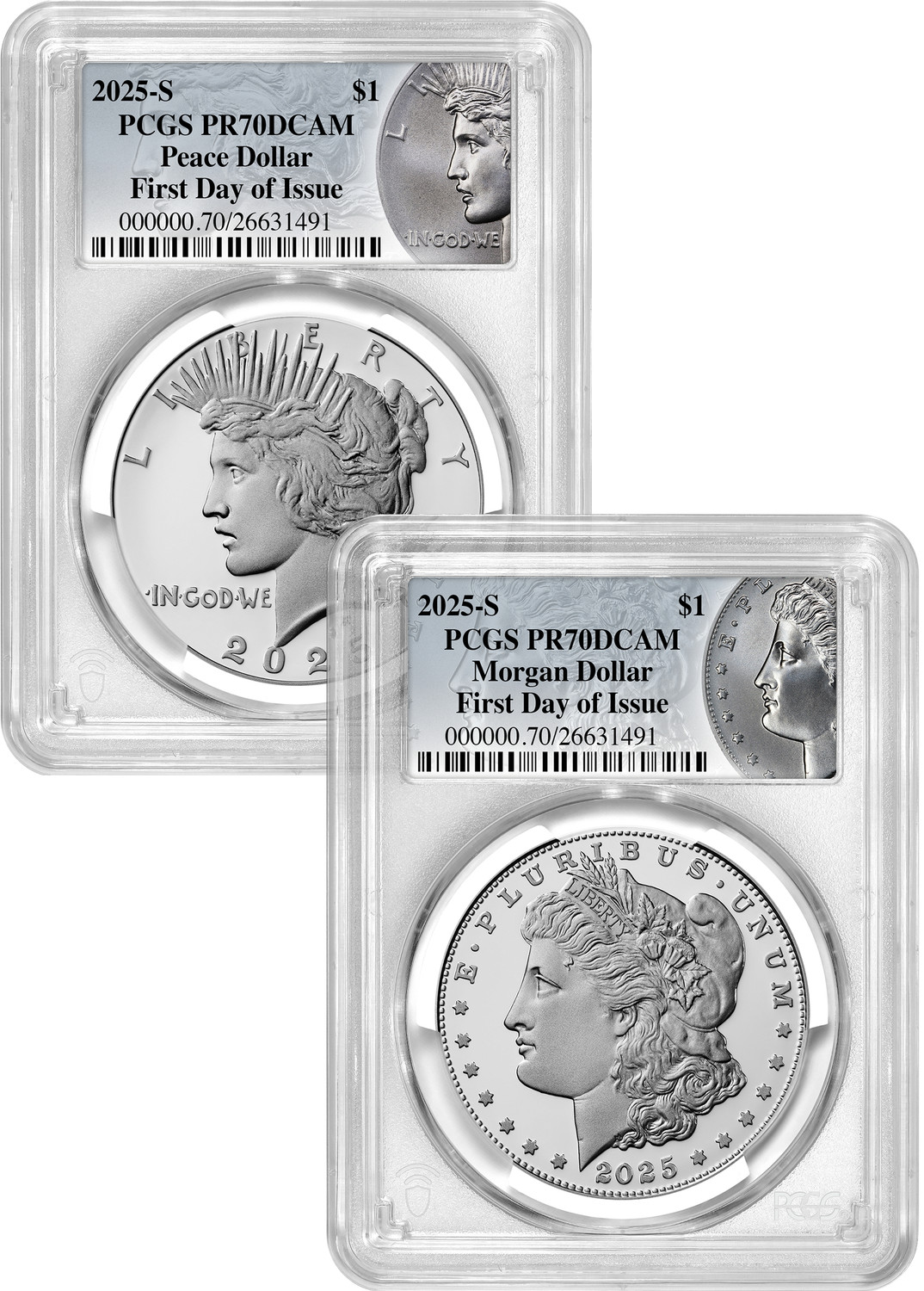 2025-S Morgan and Peace Silver Dollar 2pc Set FDI Coin PCGS PR70