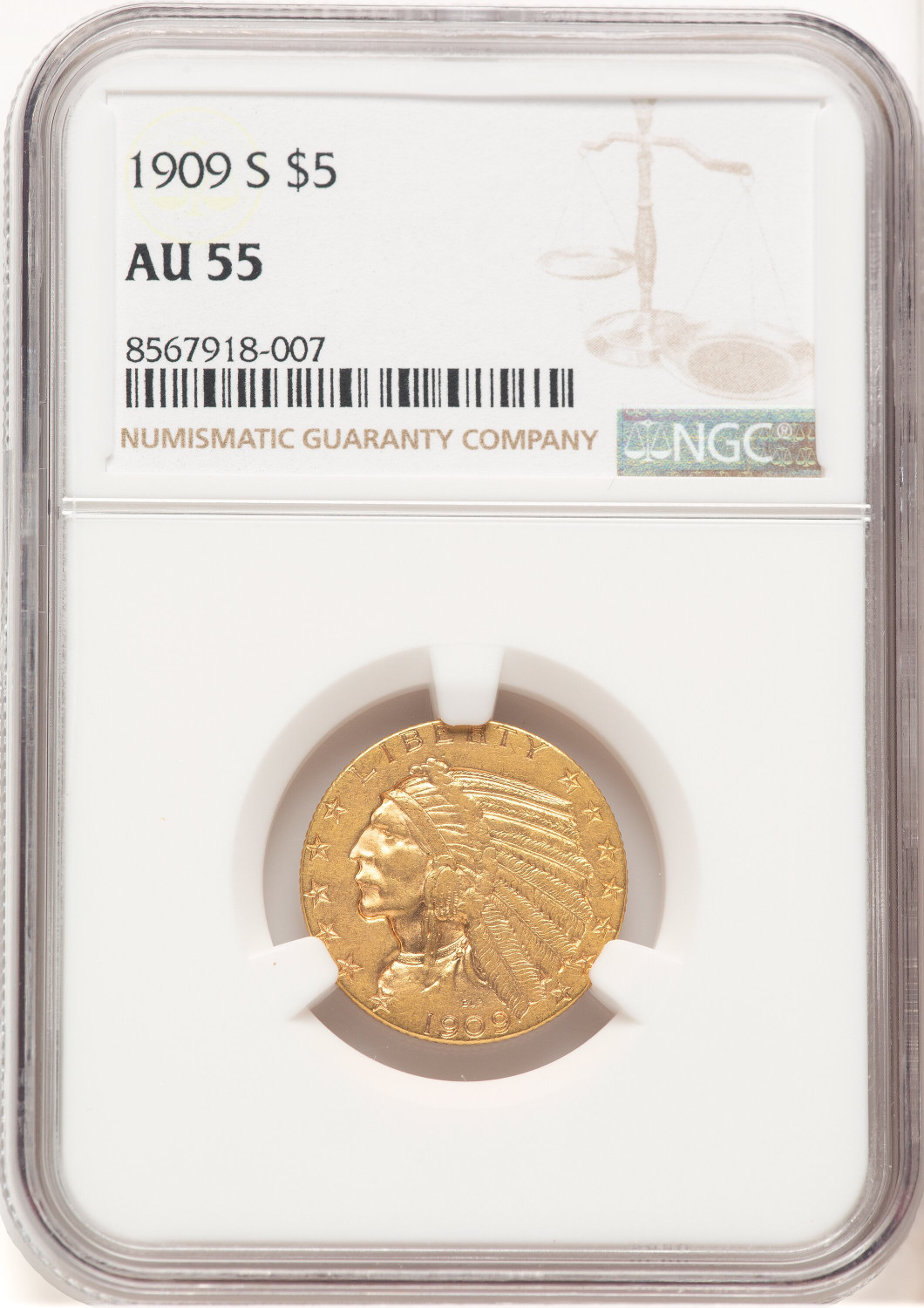 1909-S $5 Indian Half Eagle NGC AU55 (521657028)