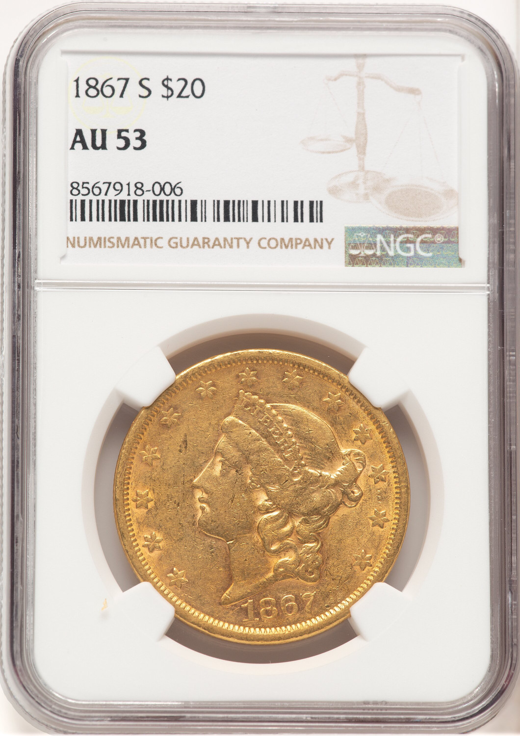 1867-S $20 Liberty Double Eagle NGC AU53 (521657033)