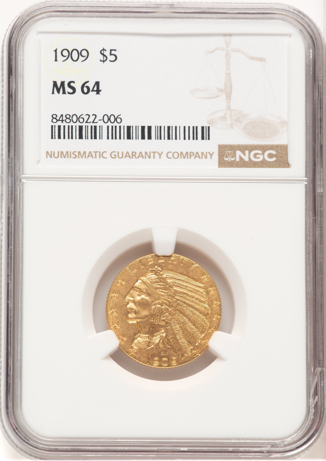1909 $5 Indian Half Eagle NGC MS64 (521661002)