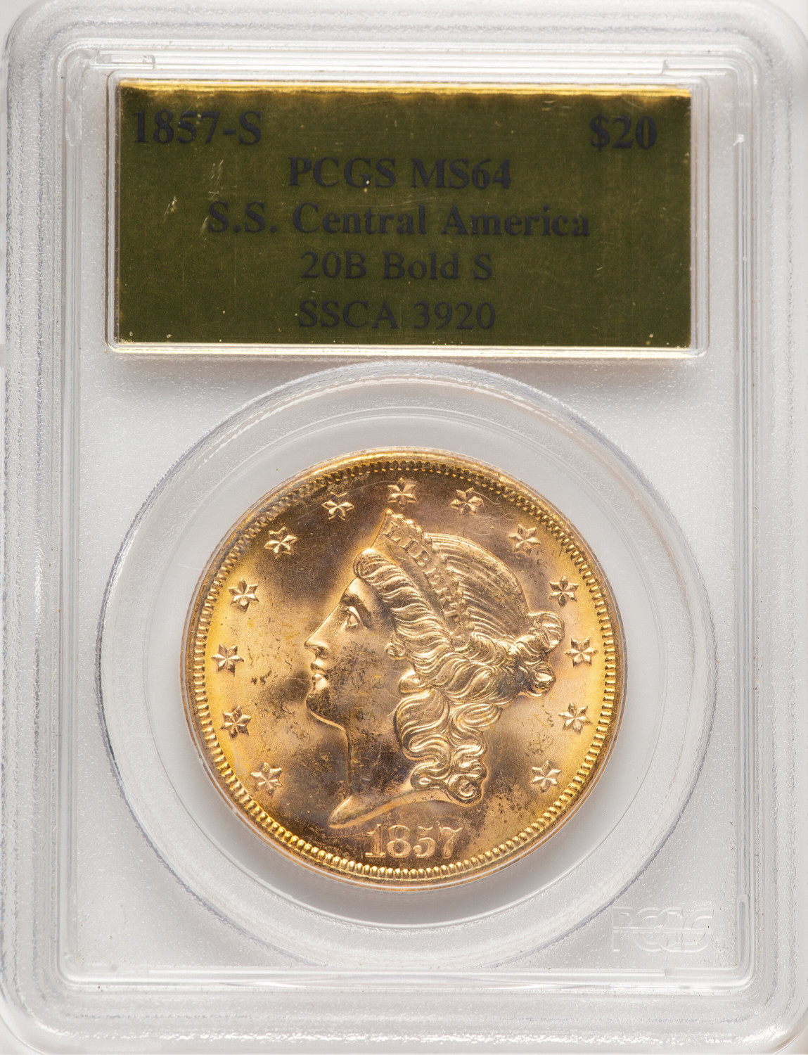 1857-S $20 Bold S Liberty Double Eagle PCGS MS64