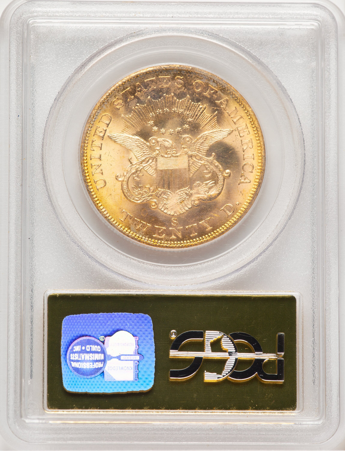 1857-S $20 Bold S Liberty Double Eagle PCGS MS64. Second image.