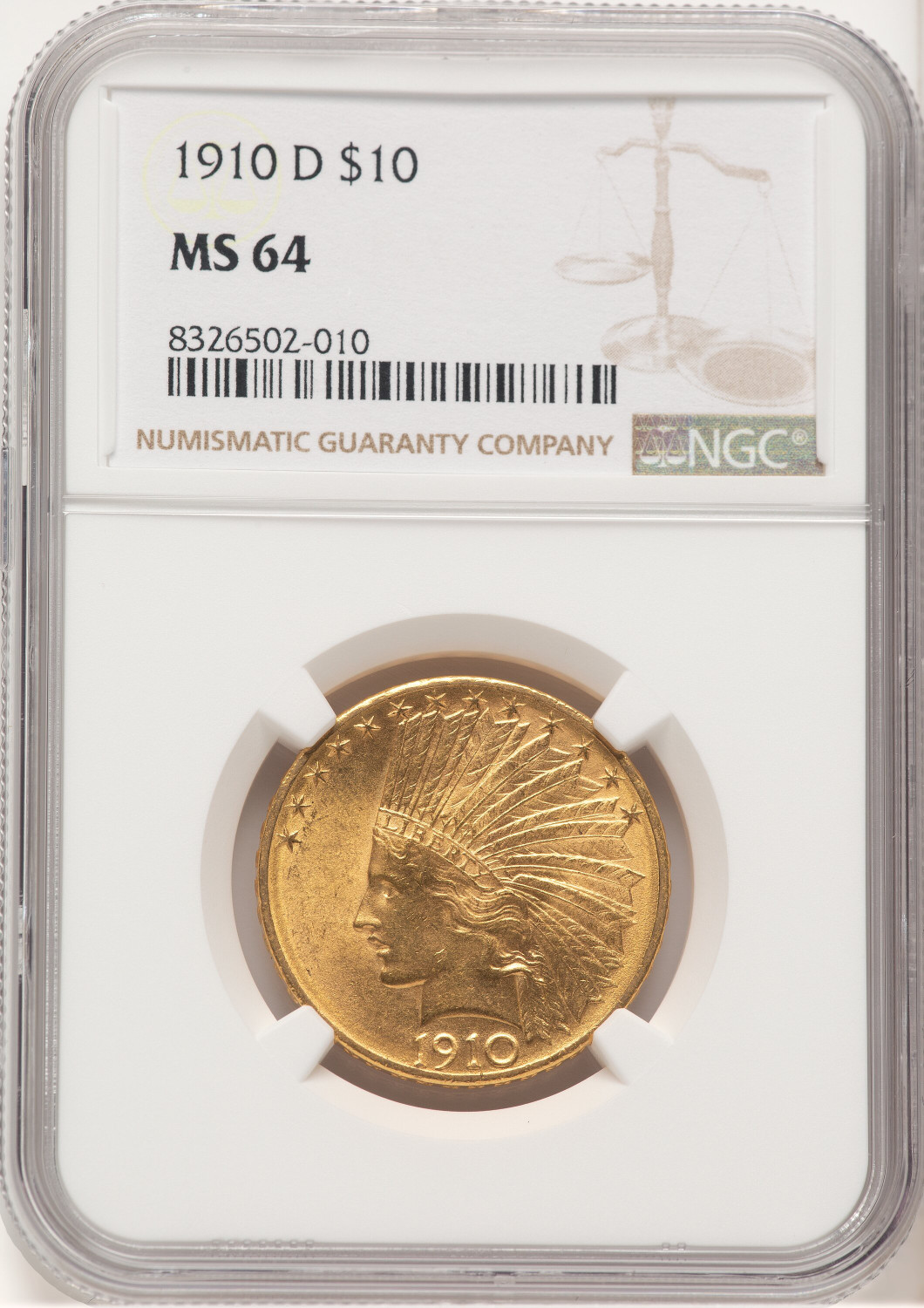 1910-D $10 Indian Eagle NGC MS64 (572308039)