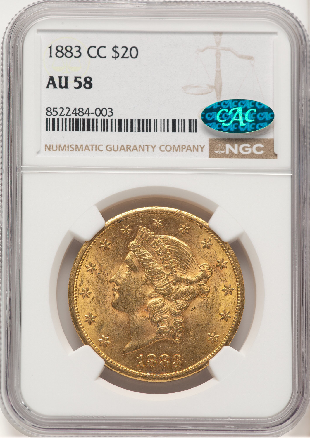 1883-CC $20 CAC Liberty Double Eagle NGC AU58