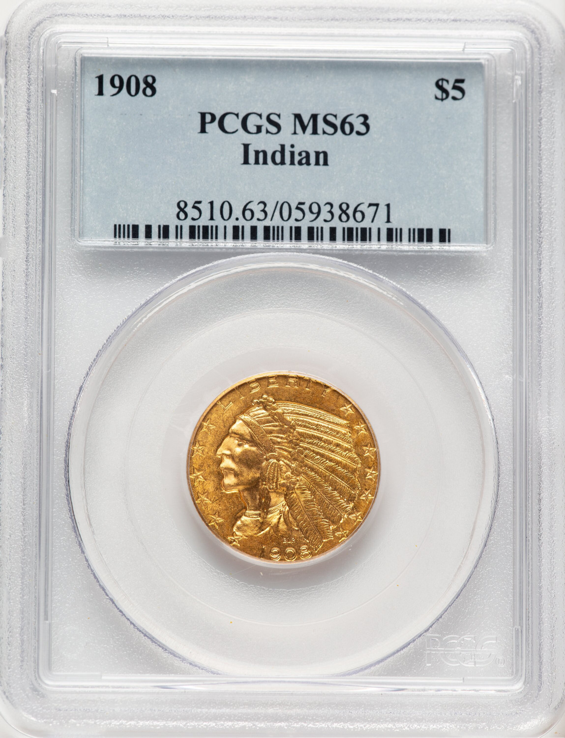 1908 $5 Indian Indian Half Eagle PCGS MS63 (520492020)