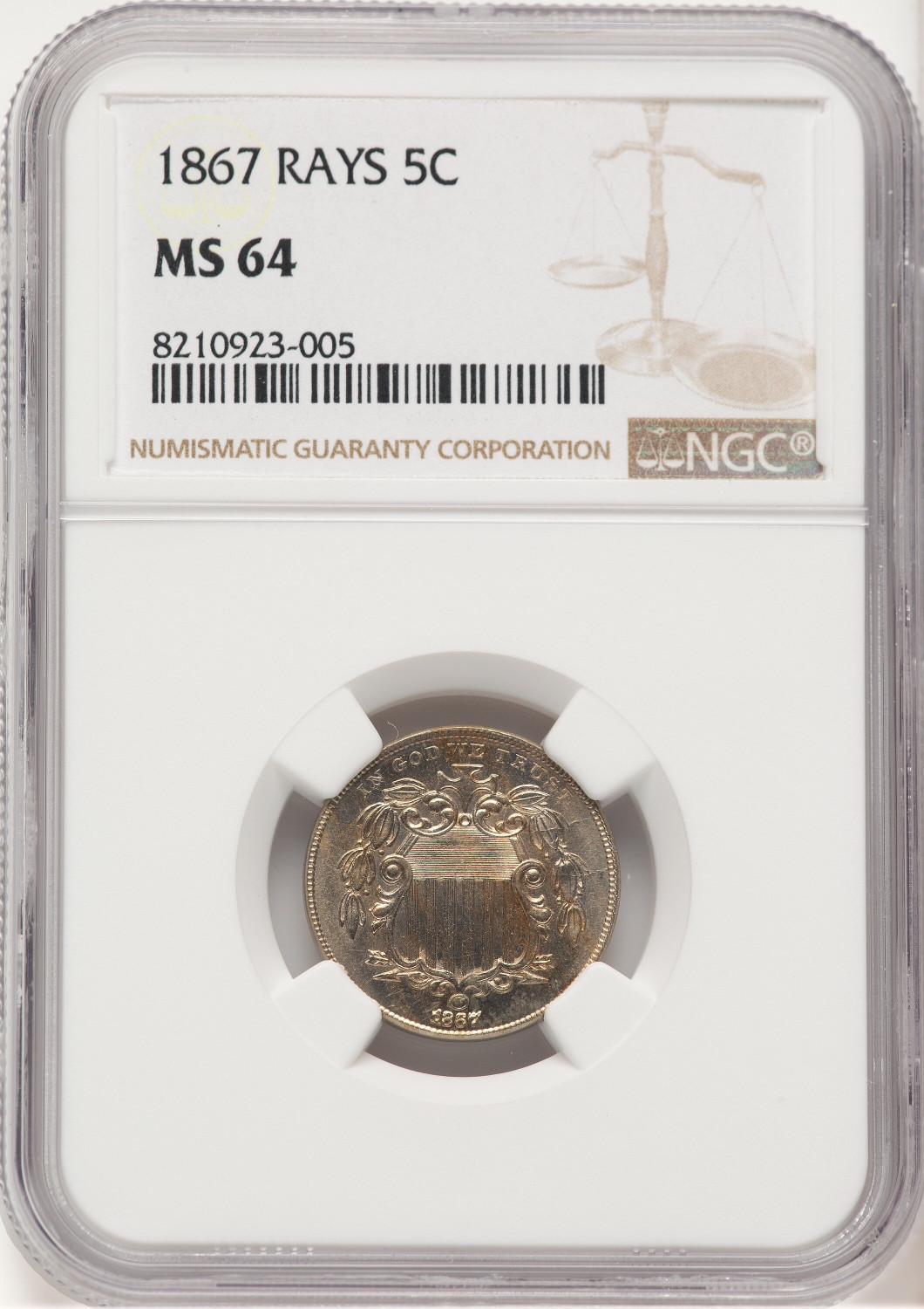 1867 5C RAYS Shield Nickel NGC MS64