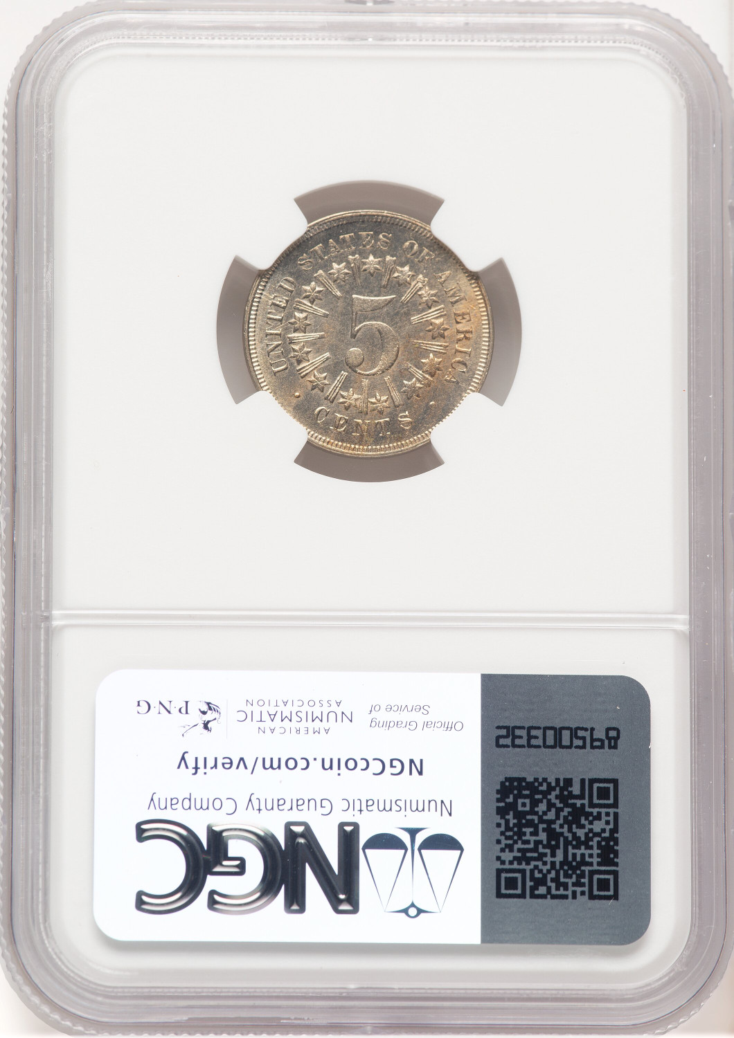1867 5C RAYS Shield Nickel NGC MS64. Second image.