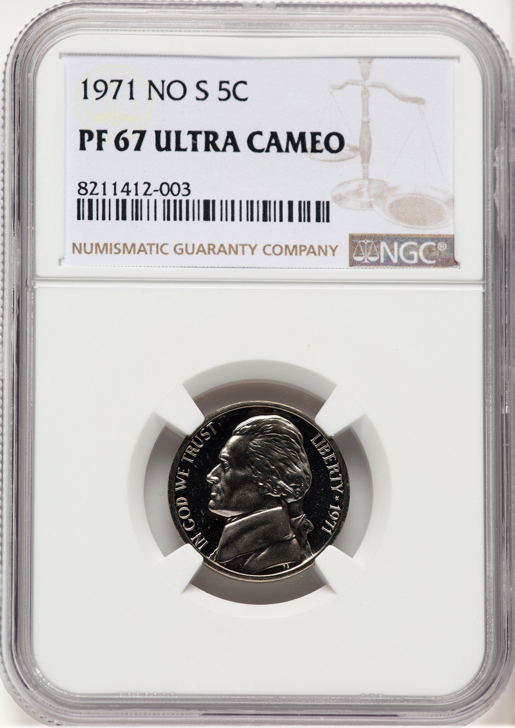 1971 5C NO S Proof Jefferson Nickel NGC PR67