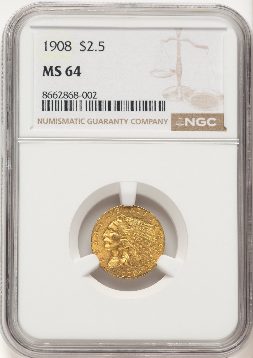 1908 $2.50 Indian Quarter Eagle NGC MS64 (776661076)