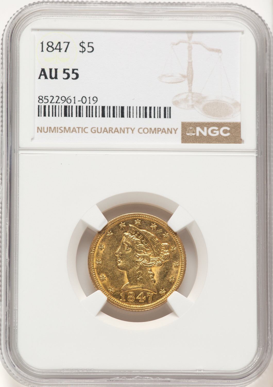 1847 $5 Liberty Half Eagle NGC AU55